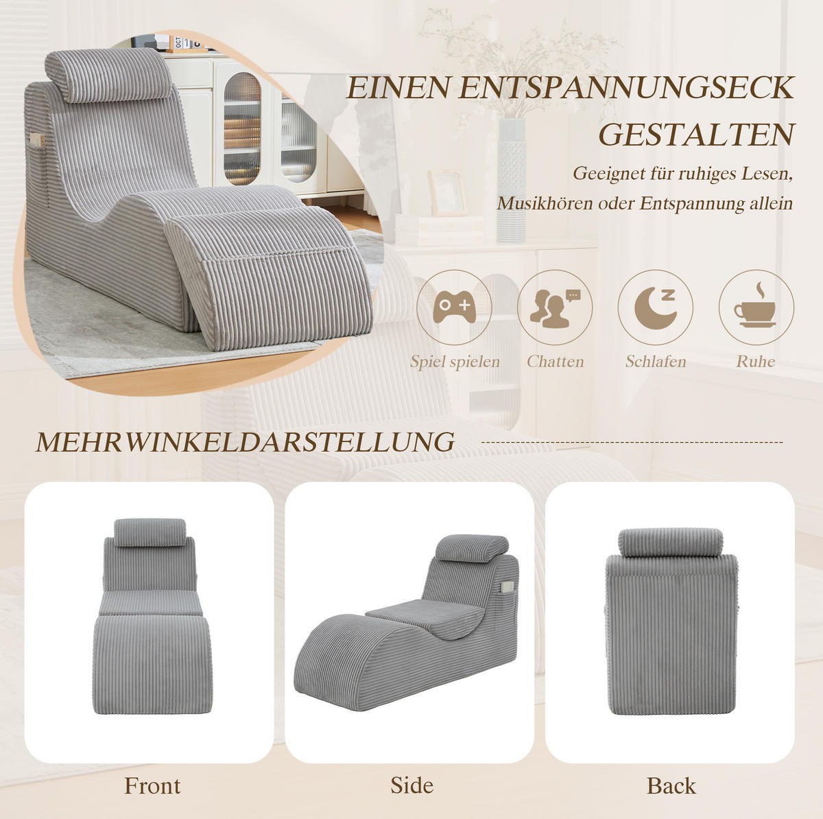 SESSEL ergonomisch 160 x 66 x 90 cm Corduroy Light Gray - Hellgrau, Kunststoff (66/90/160cm) - Beauniv
