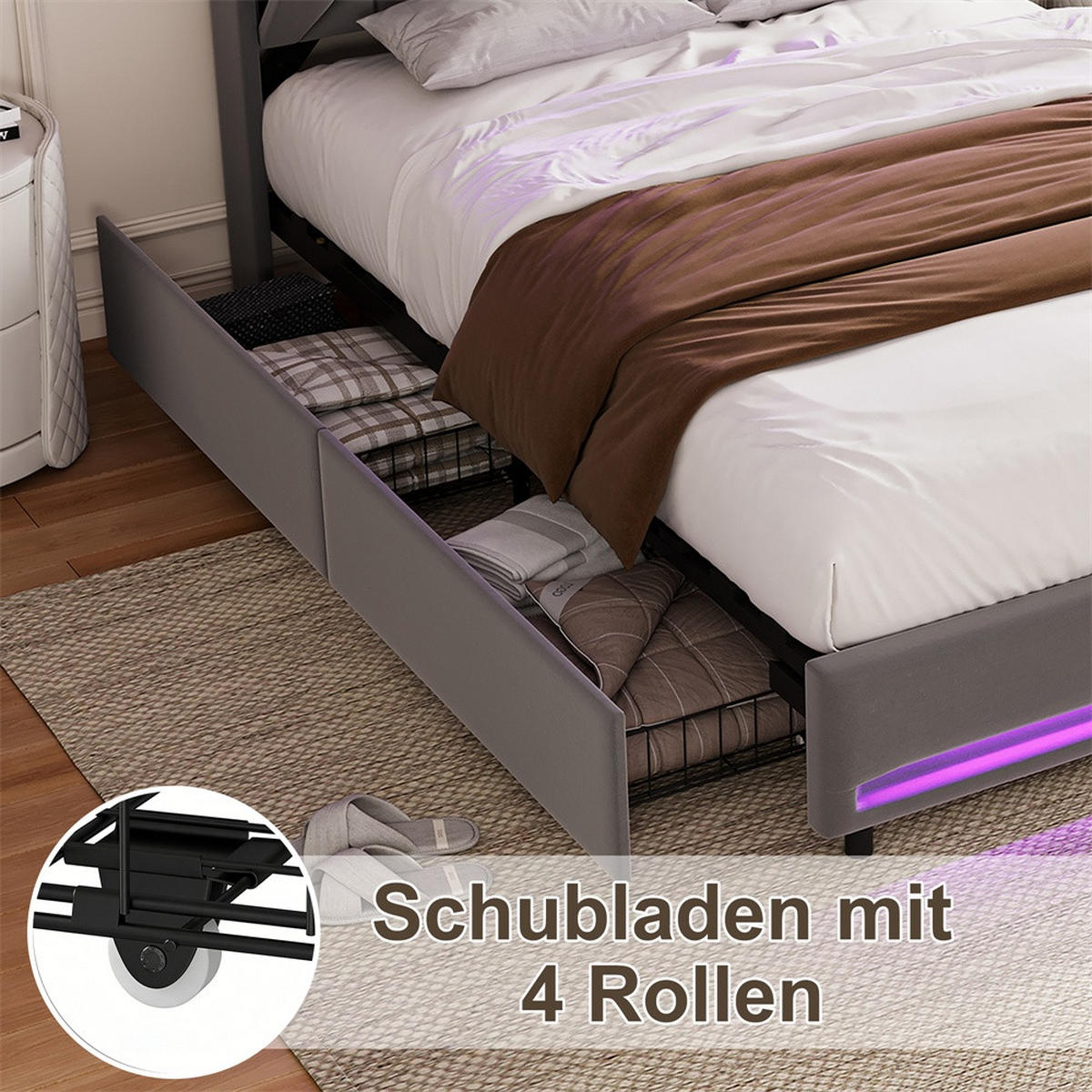 POLSTERBETT 140x200cm - Doppelbett mit 4 Schubladen - RGB-LED-Beleuchtung - Stauraum-Kopfteil - ohne Matratze - Grau - Grau, Textil (140/200cm) - DELFA