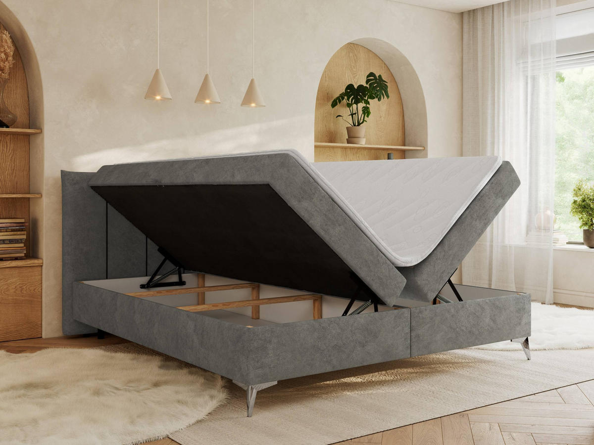 BOXBETT DRINEA 160/200 - Grau Velours - H4 - Grau, Textil (160/200cm) - MKS