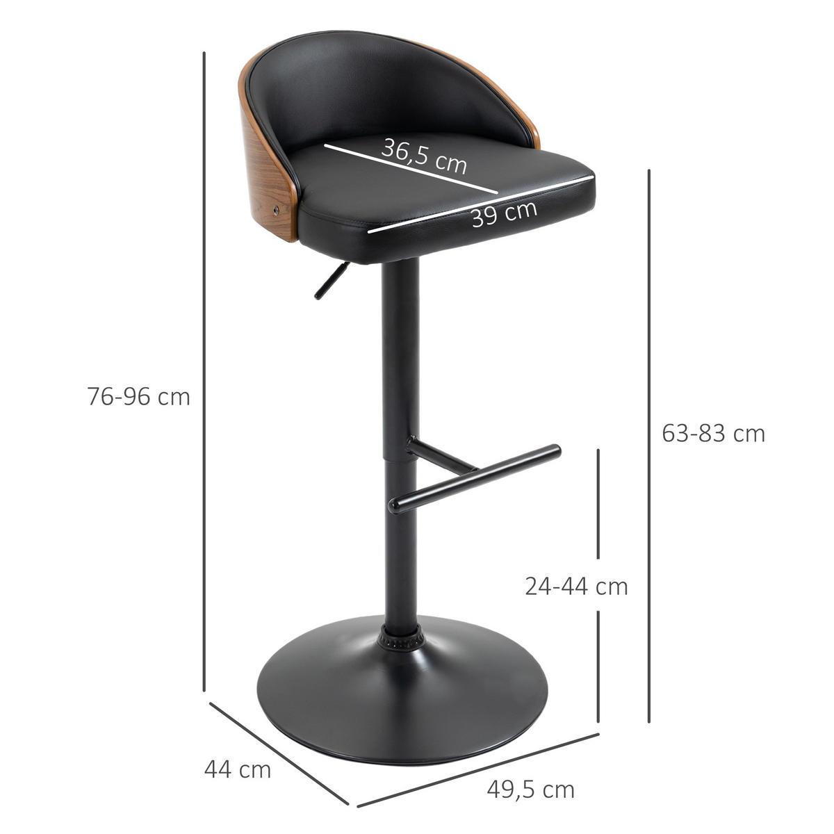 BARHOCKER, Kunstleder, Schwarz+Kaffee - Schwarz, Kunststoff (49.5/96/48cm) - HOMCOM