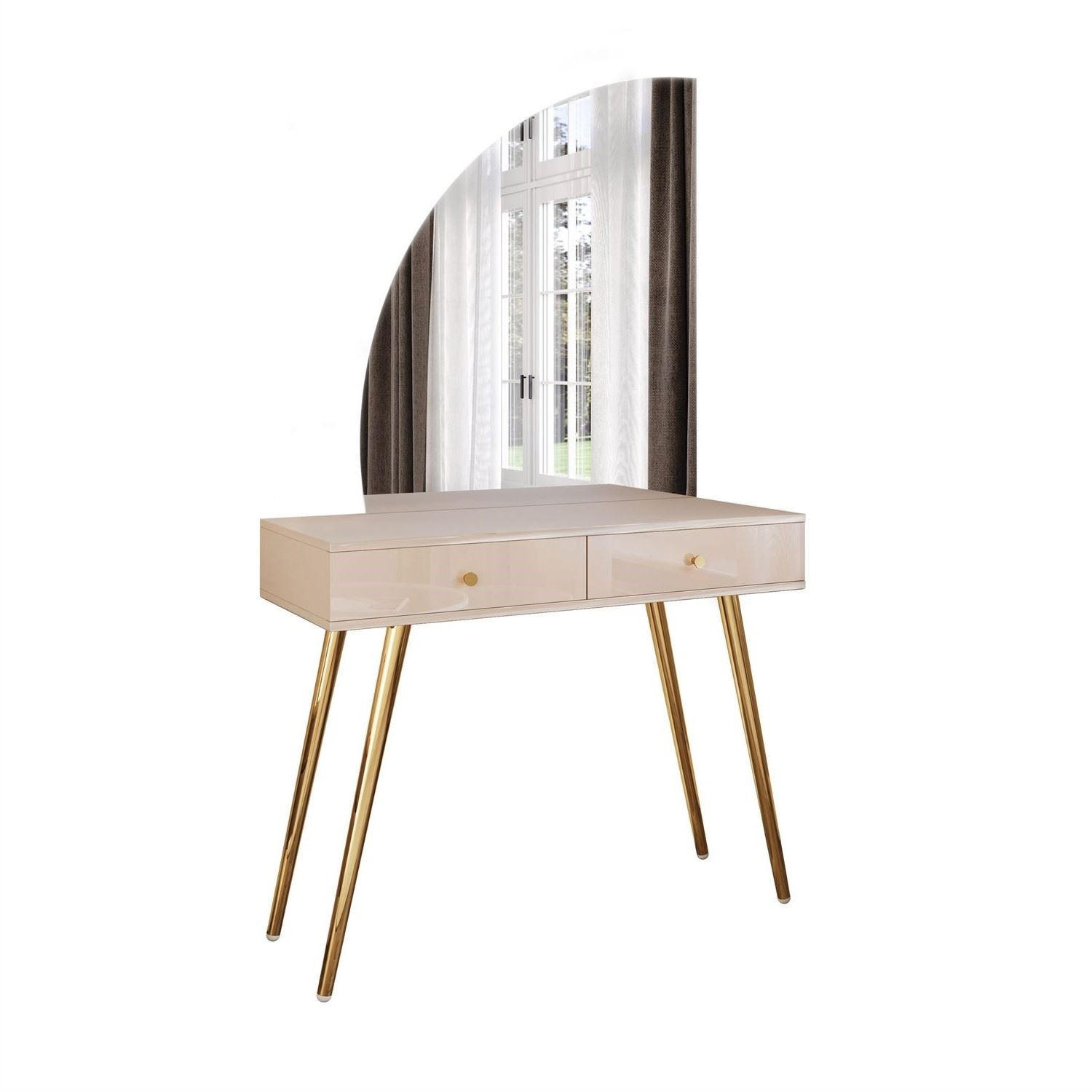 SCHMINKTISCH SIENNA-QS KASCHMIR mit LED-Spiegel Goldgriff - Ecru, Holzwerkstoff (100/81/42cm) - Lookway