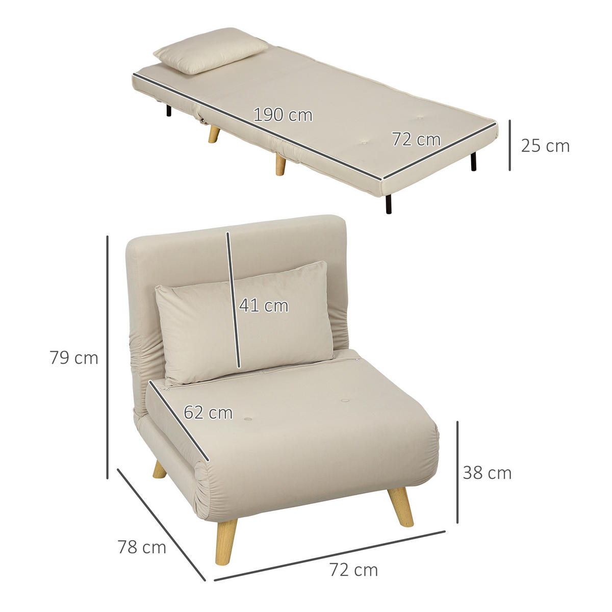 SCHLAFSESSEL, Klappsessel mit Bettfunktion, bis 120 kg belastbar, Beige - Beige/Naturfarben, Holz/Textil (78/79/72cm) - HOMCOM
