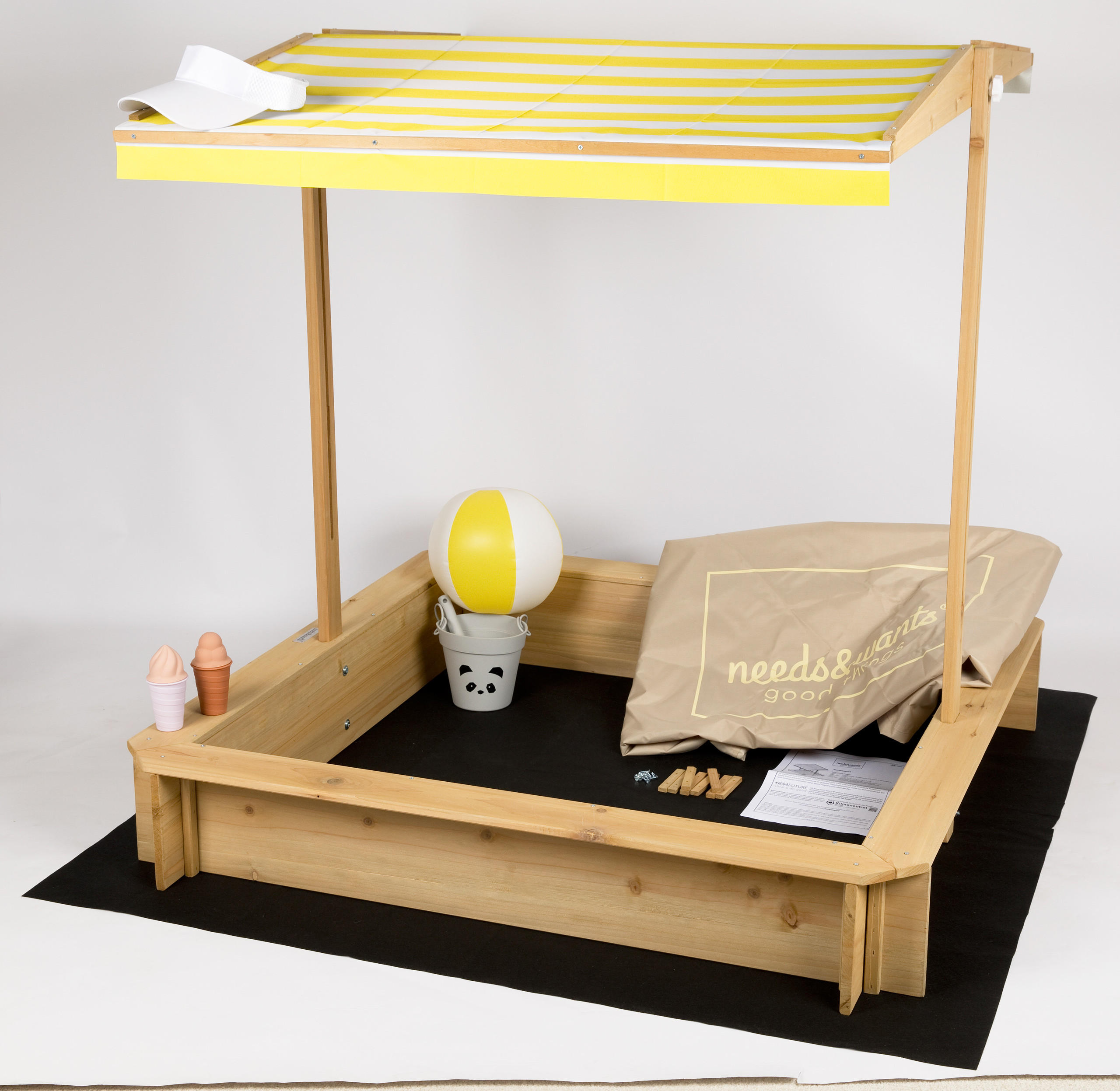 SANDKASTEN mit Dach, Sitzbank und Boden, Holz wetterfest - Gelb, Holz (113/113/113cm) - needs&wants