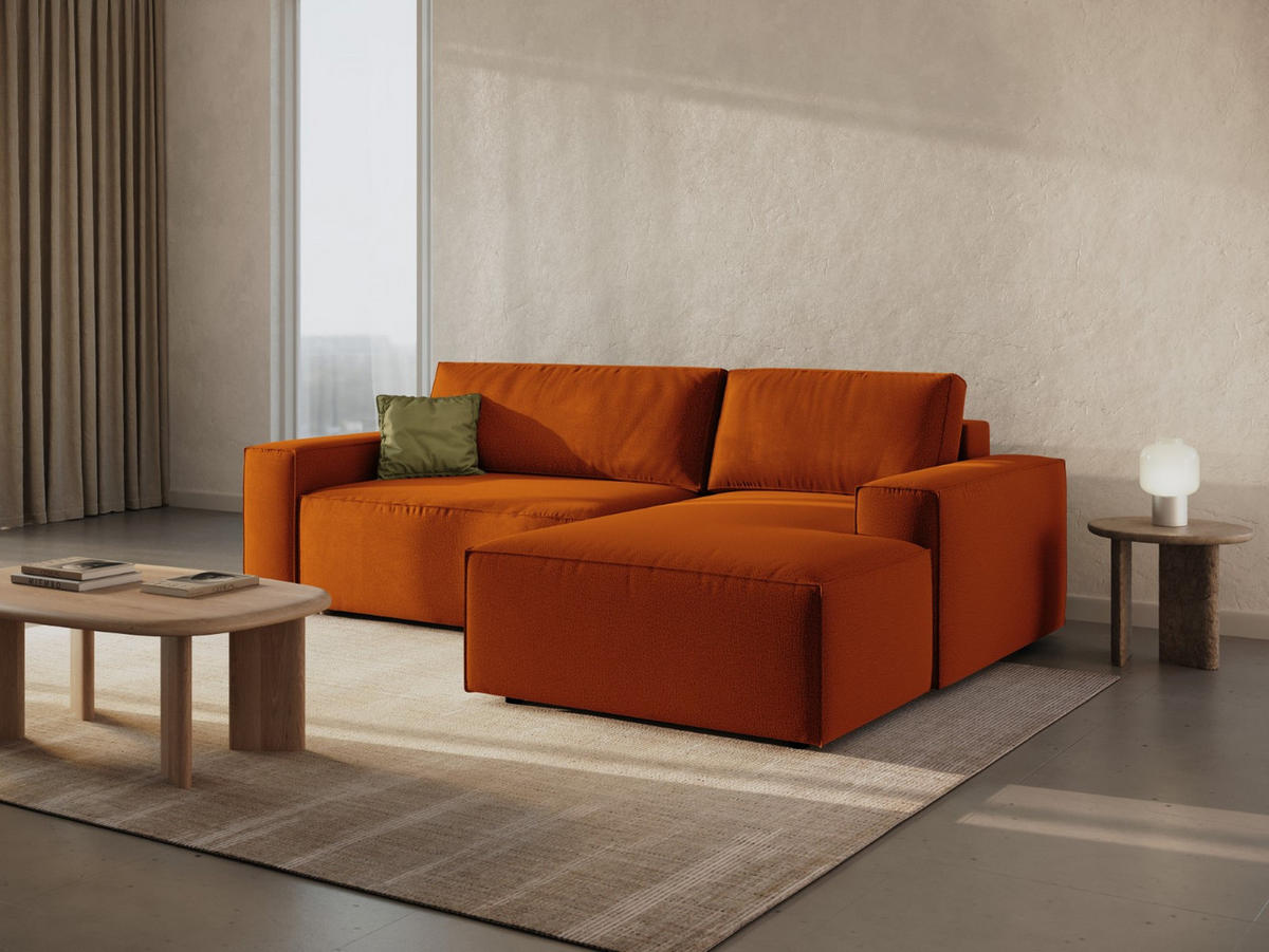 AUSKLAPPBARES-ECKSOFA rechts mit Container Jodie aus strukturiertem Stoff terrakotta 3 Sitzplätze - Terracotta, Textil (246/151cm) - Micadoni