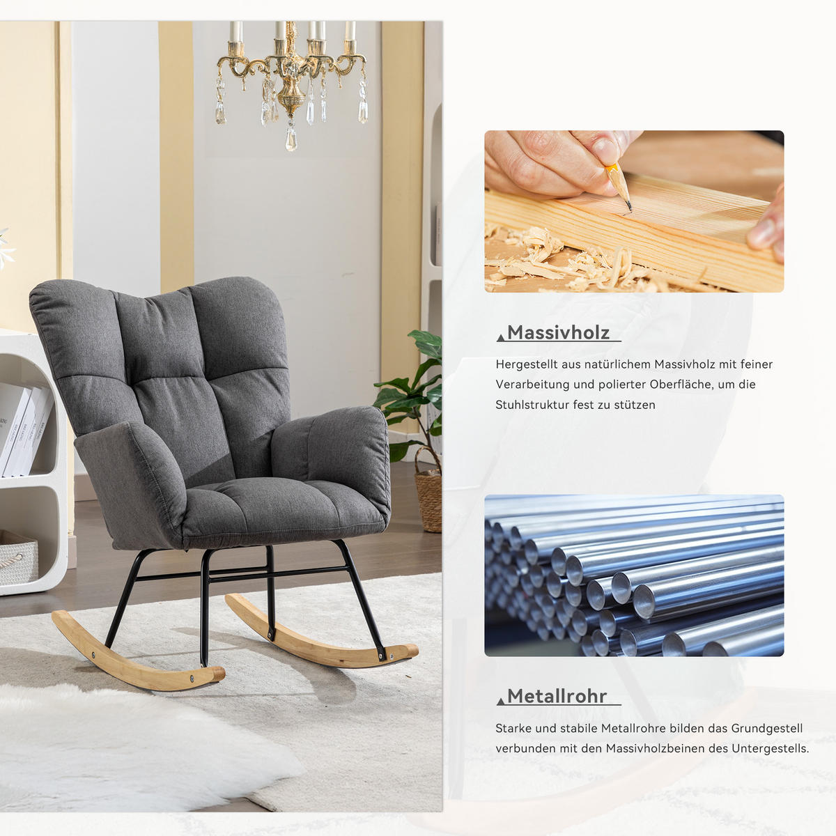 SCHAUKELSTUHL Stoff mit gepolsterter hoher Rückenlehne 80/70/95 cm Grau - Grau, Textil (70/95/80cm) - Redom