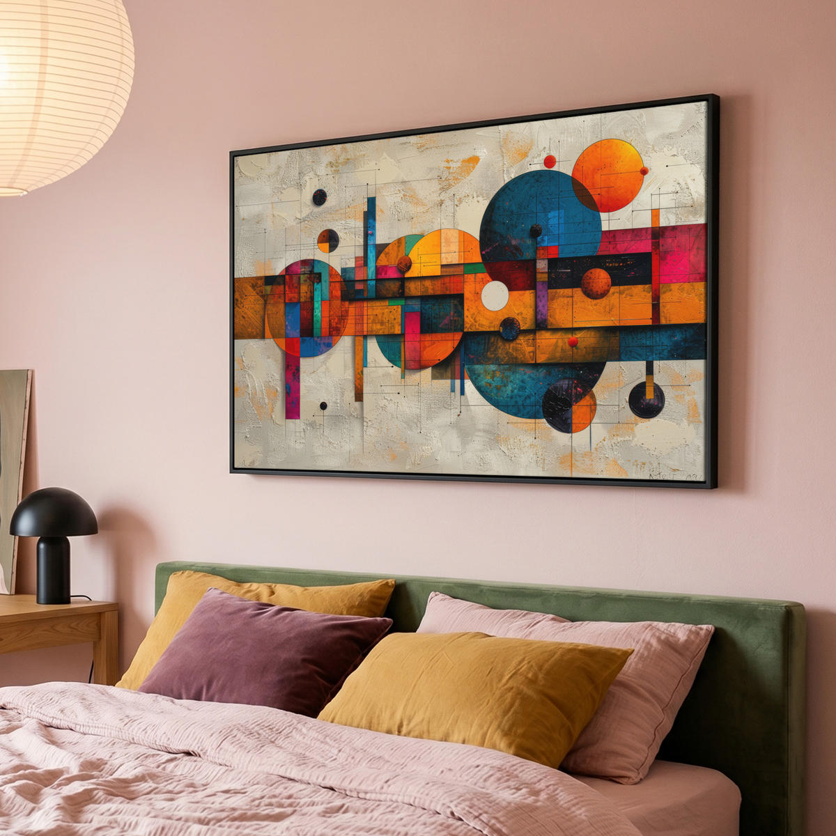 LEINWAND Bilder mit Rahmen - Vintage - Moderne Kunst - Orange - Geometrische Formen - 140x90 - Multicolor, Textil (140/90cm) - MuchoWow