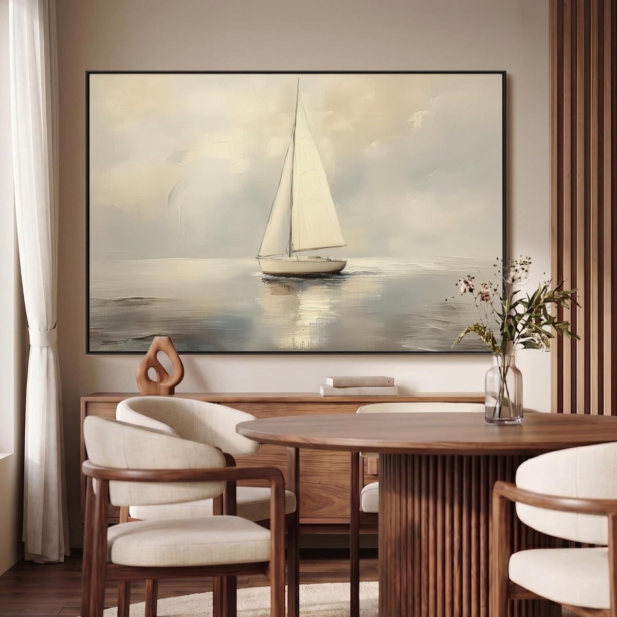 LEINWAND Bilder mit Rahmen - Segelschiff - Meer - Bewölkt - 120x80 - Creme, Textil (120/80cm) - MuchoWow
