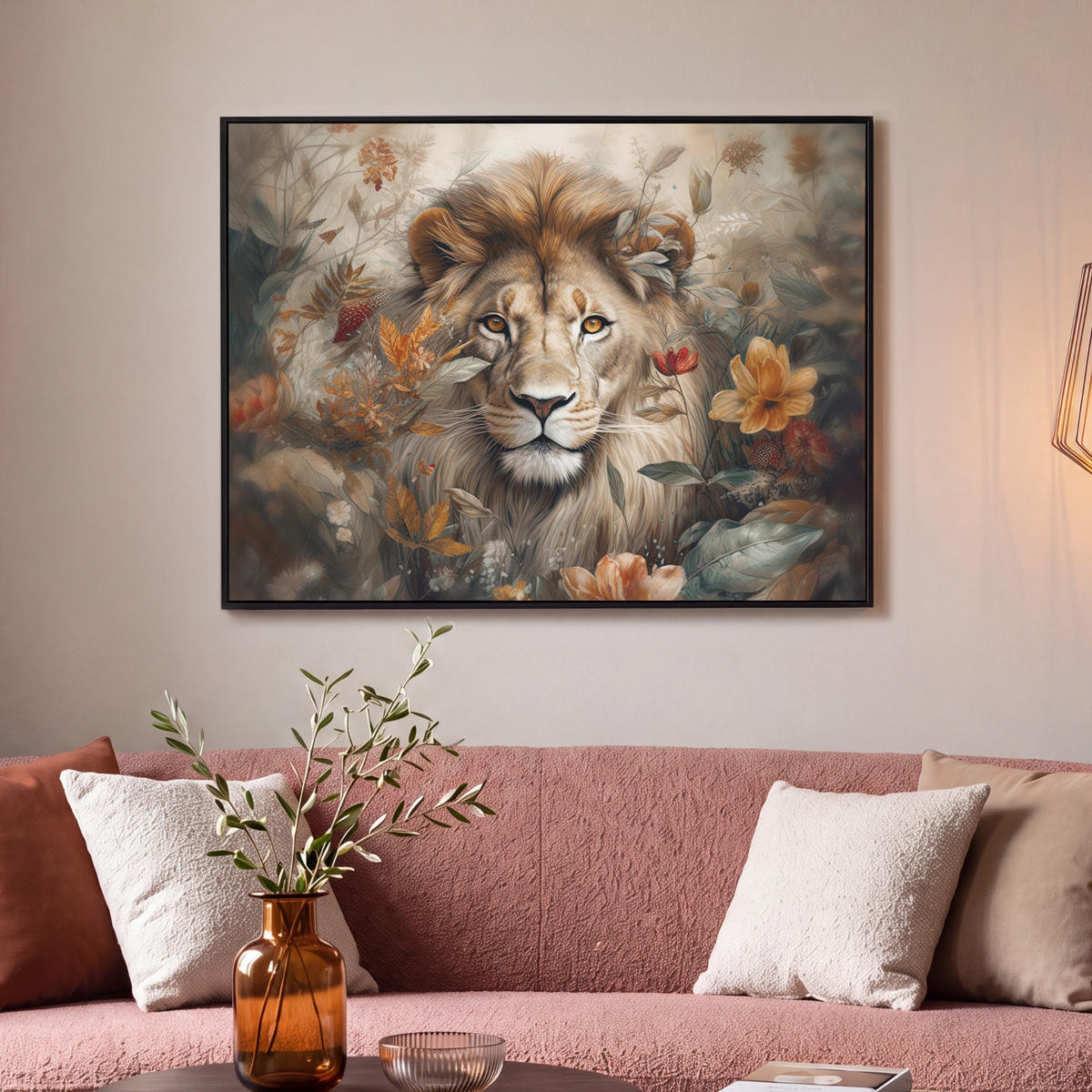 LEINWAND Bilder mit Rahmen - Löwe - Wildtiere - Pflanzen - Natur - Blumen - 100x70 - Beige, Textil (100/70cm) - MuchoWow