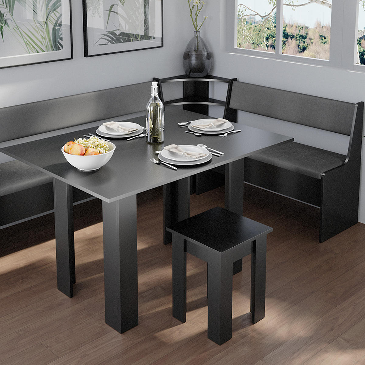 ECKBANKGRUPPE Roman Schwarz 150 x 41.5 cm mit Tisch - Edelstahlfarben/Schwarz, Holzwerkstoff (210/80/150cm) - Vicco