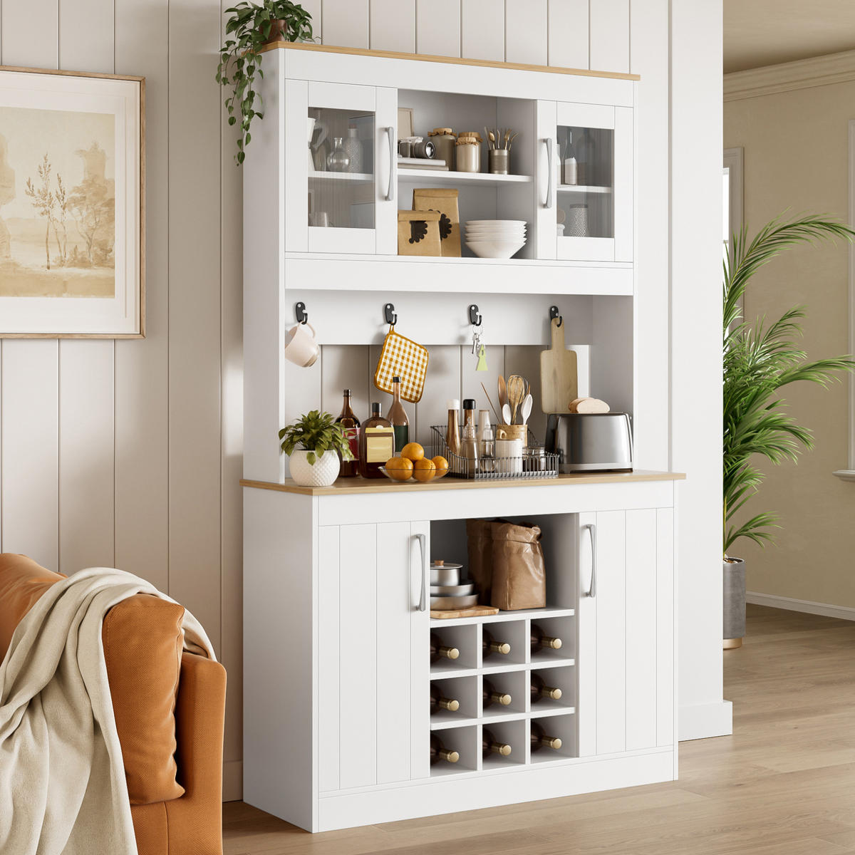 KÜCHENBUFFET mit Glastüren Weinregal 106 x 39 x 175 cm Weiß/Natur - Weiß, Holzwerkstoff (39/175/106cm) - Meubliv