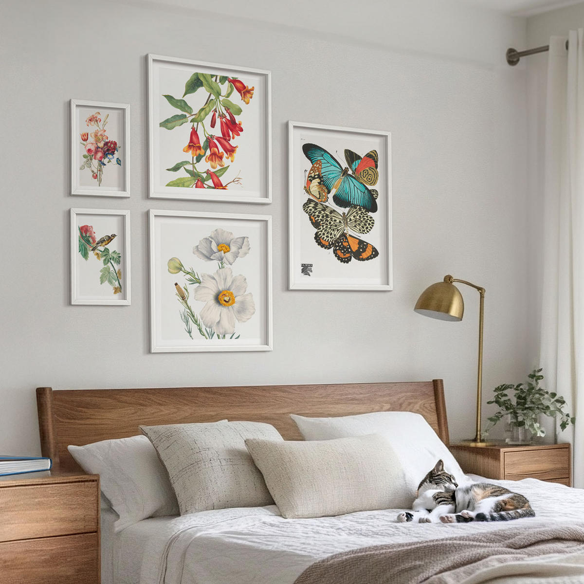 BILDER SET 5er Set - 50x50 cm & 20x30 cm & 40x60 cm Weißer Rahmen - Blumen, Schmetterlinge, Vögel, Pastellfarben - Weiß, Kunststoff (40/60cm) - TULUP