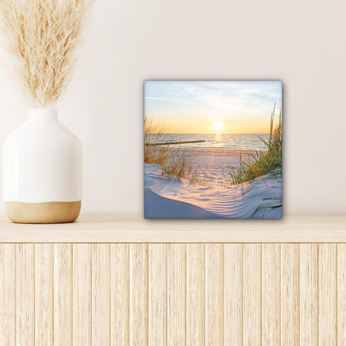 LEINWANDBILD Strand - Sonne - Düne - Gras - Sand - Horizont 20x20 cm - Hellblau, Textil (20/20cm) - MuchoWow