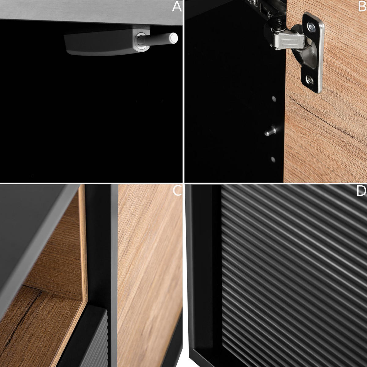 KOMMODE LOFTY Außenseiteneinlage, schwarz / Eiche natur - Eichefarben/Multicolor, Holzwerkstoff (151/84/41cm) - KONSIMO®
