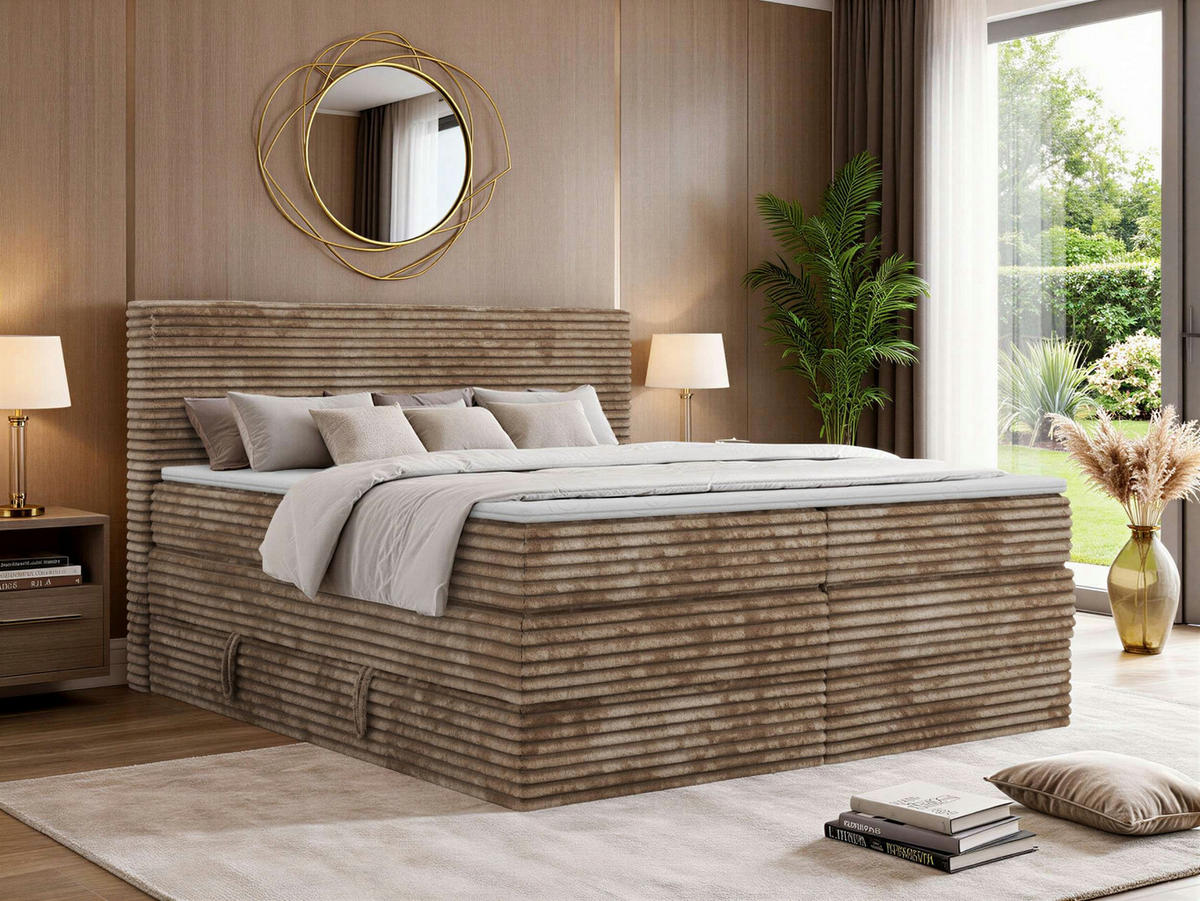 BOXSPRINGBETT TILION KING 140/200 - Braun Cord - Topper Visco - H3 - Schwarz/Braun, Kunststoff/Textil (140/200cm) - MKS