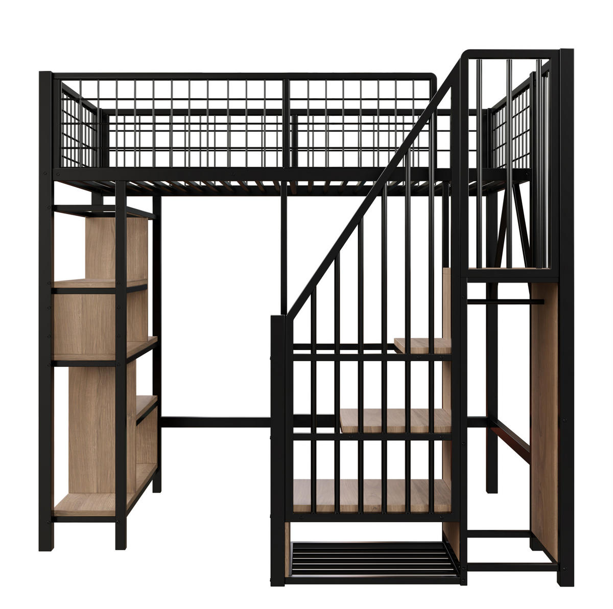 HOCHBETT 90/200 cm aus Metall und Holz mit Stauraumtreppe, Schwarz - Schwarz, Metall (90/200cm) - Flora Grace