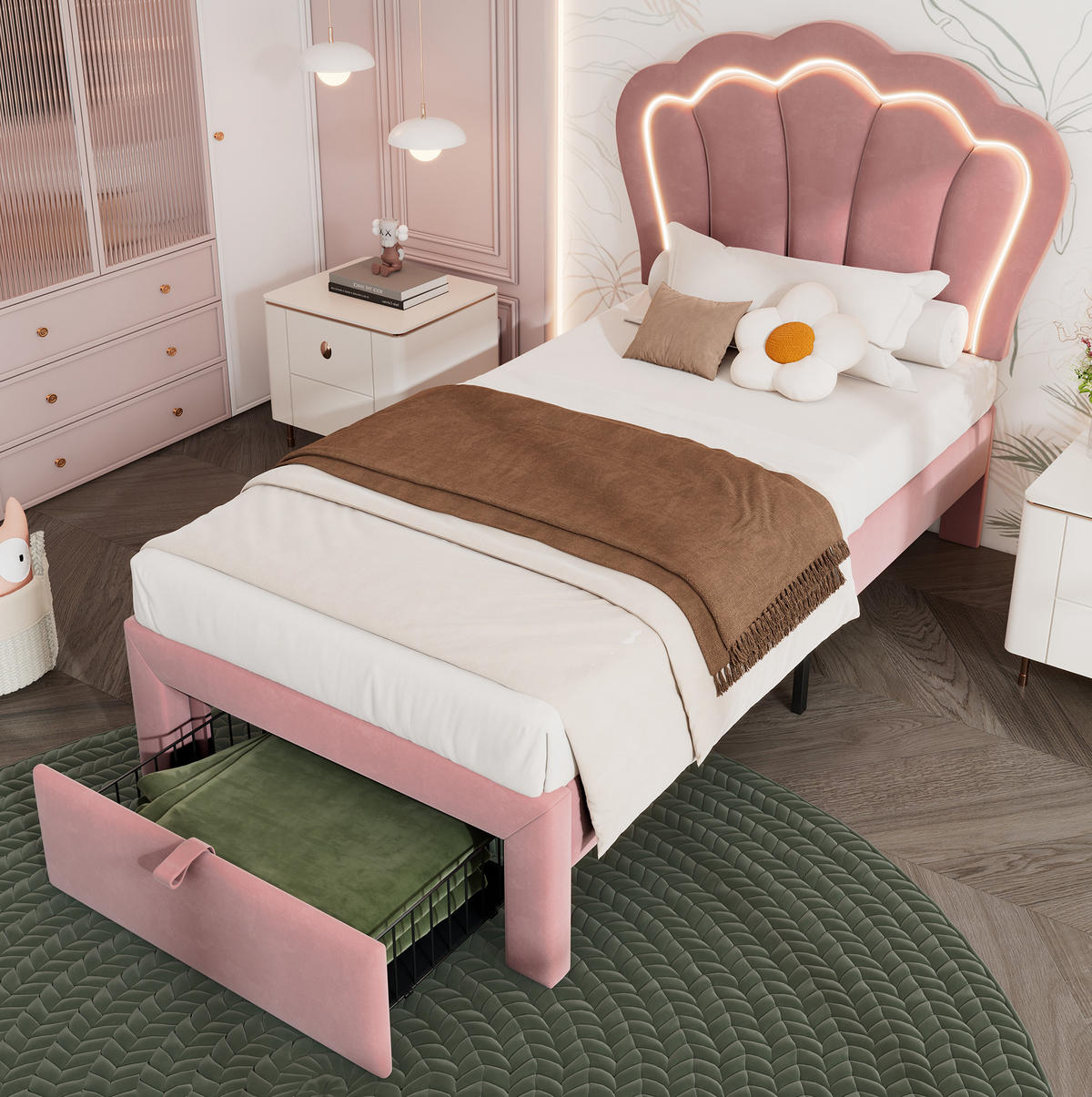 JUGENDBETT 90/190 cm aus Samt mit LED-Beleuchtung, Schublade und höhenverstellbarem Kopfteil Rosa - Rosa, Textil (90/190cm) - Modenvie