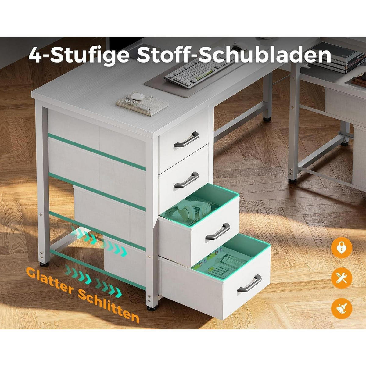 ECKSCHREIBTISCH L-Form Weiß 140x70cm mit USB-Anschluss und Stoffschubladen - Weiß, Holzwerkstoff (140/70/75.2cm)