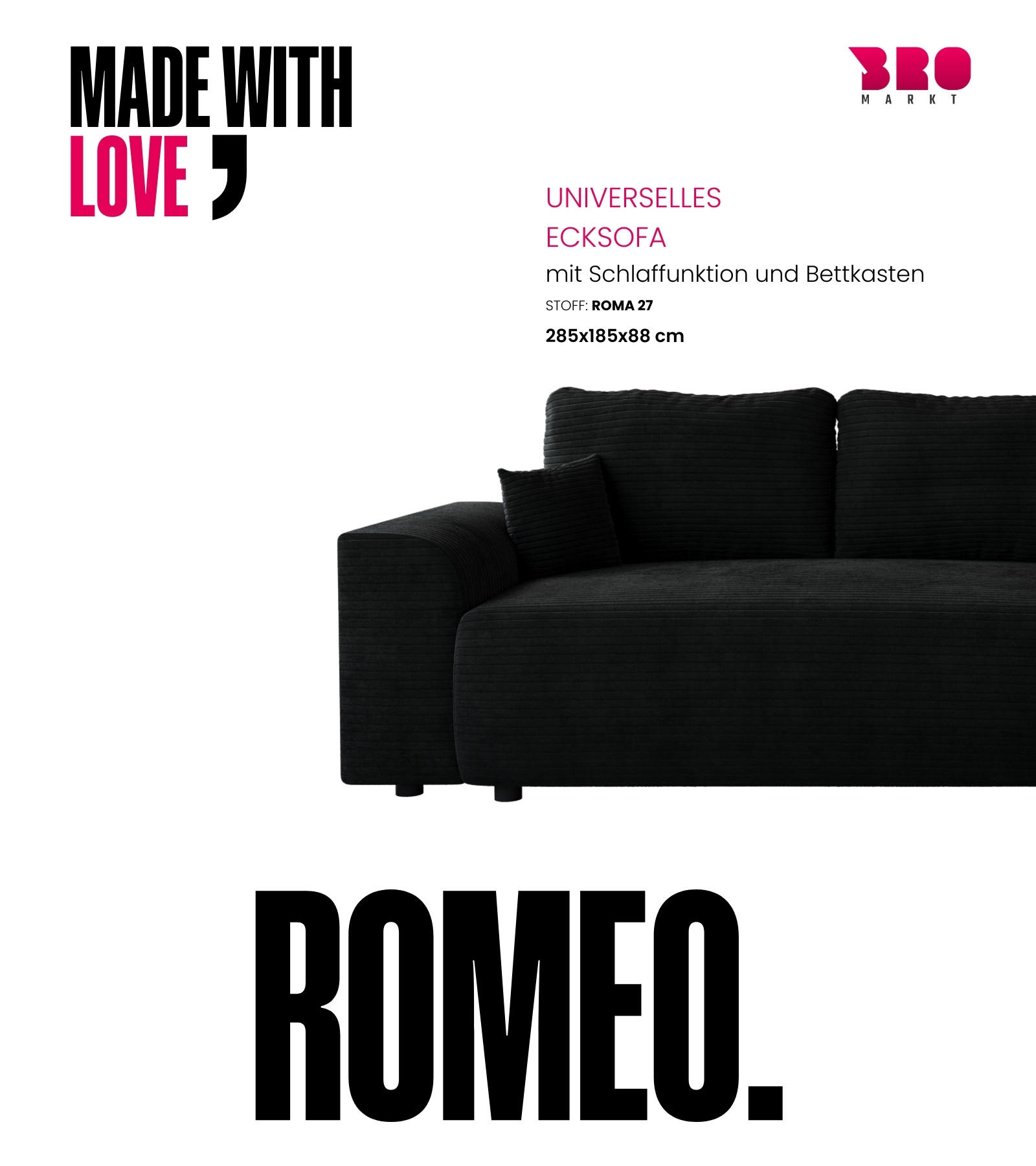 Thumbnail - Bromarkt Ecksofa, Schwarz, Textil, 3-Sitzer, L-Form, 285x185 cm, Wohnzimmer, Sofas & Couches, Wohnlandschaften, Ecksofas