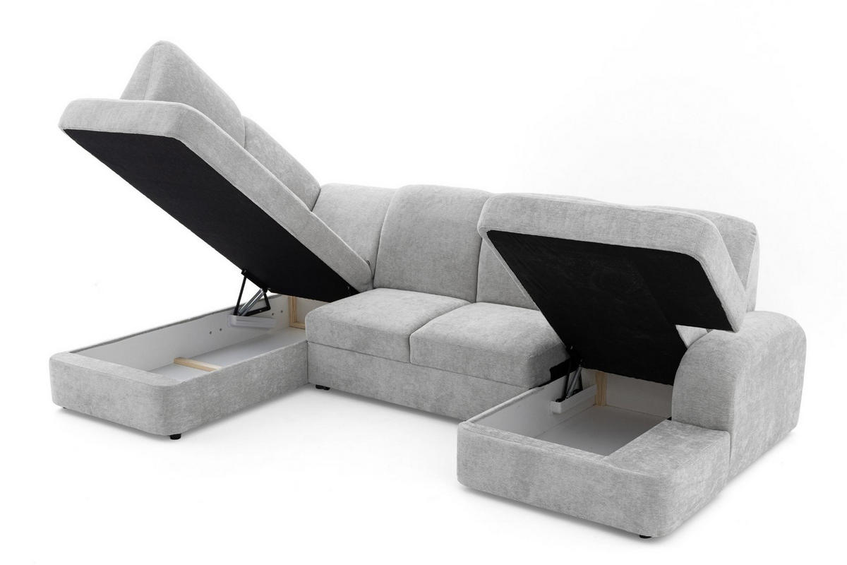 ECKSOFA VIBE U Links mit Schlaffunktion 129x263 Chenille Hellgrau - Hellgrau/Schwarz, Holz/Kunststoff (280/102/186cm) - Muffo