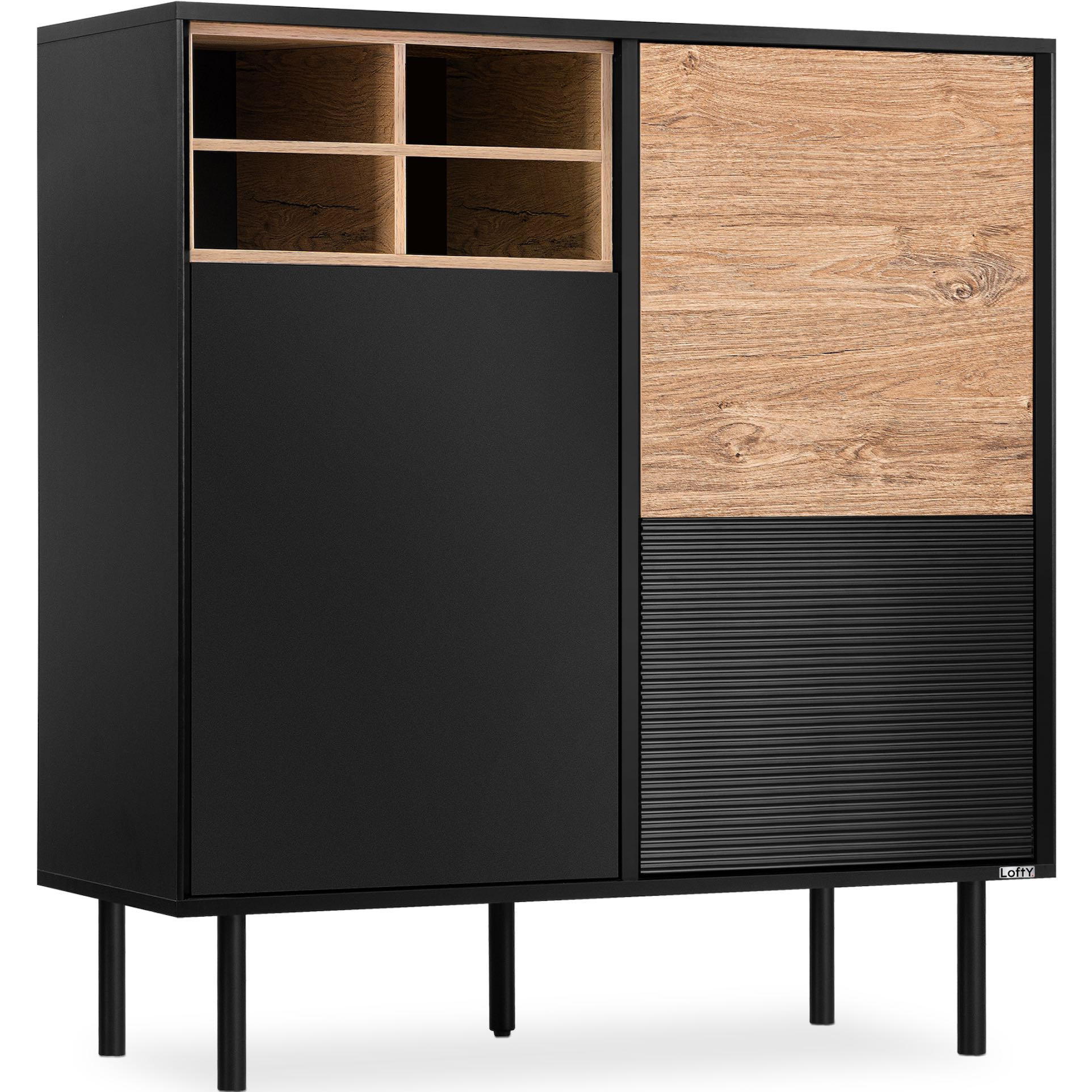 KOMMODE LOFTY Kreuzeinlage, schwarz / Eiche natur - Eichefarben/Multicolor, Holzwerkstoff (102/109/41cm) - KONSIMO®