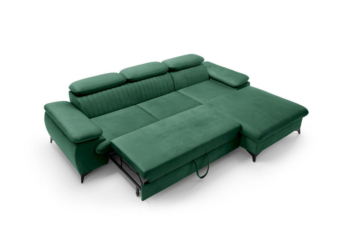 ECKSOFA FIORE Grün Velours-Stoff mit Schlaffunktion - Grün, Holz (280/193cm) - MASSENO