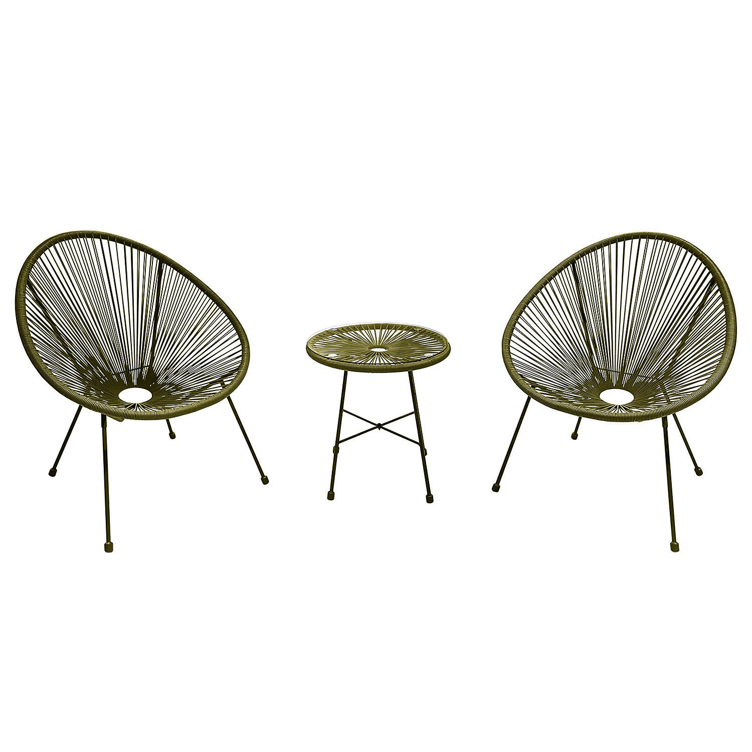 SITZGRUPPE - Stahl / Polyrattan - 3-teilig - Olivgrün, Naturmaterialien/Glas - home24