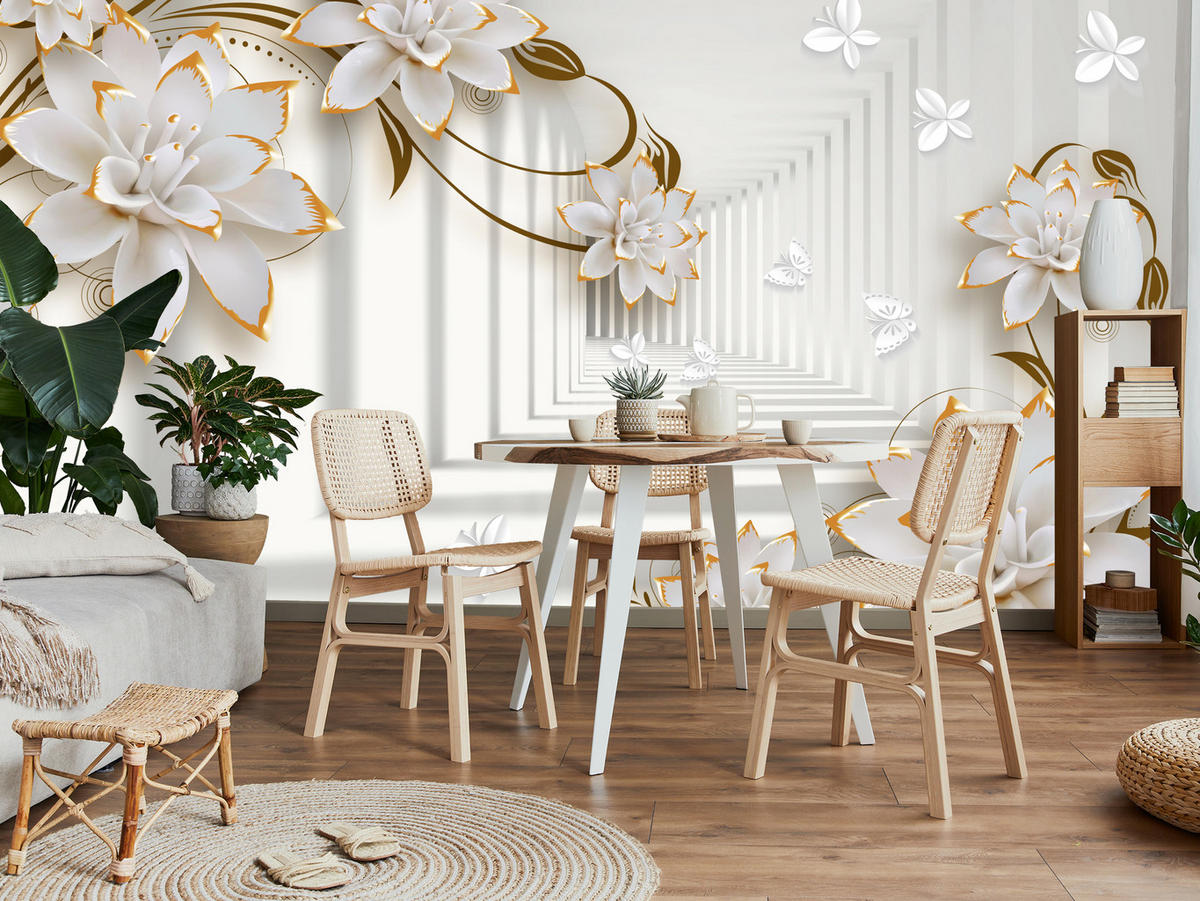 FOTOTAPETE für Wohnzimmer Abstrakter Blumen Tunnel Schmetterlinge 500x350 - Beige/Orange, Papier (500/350cm) - Muralo