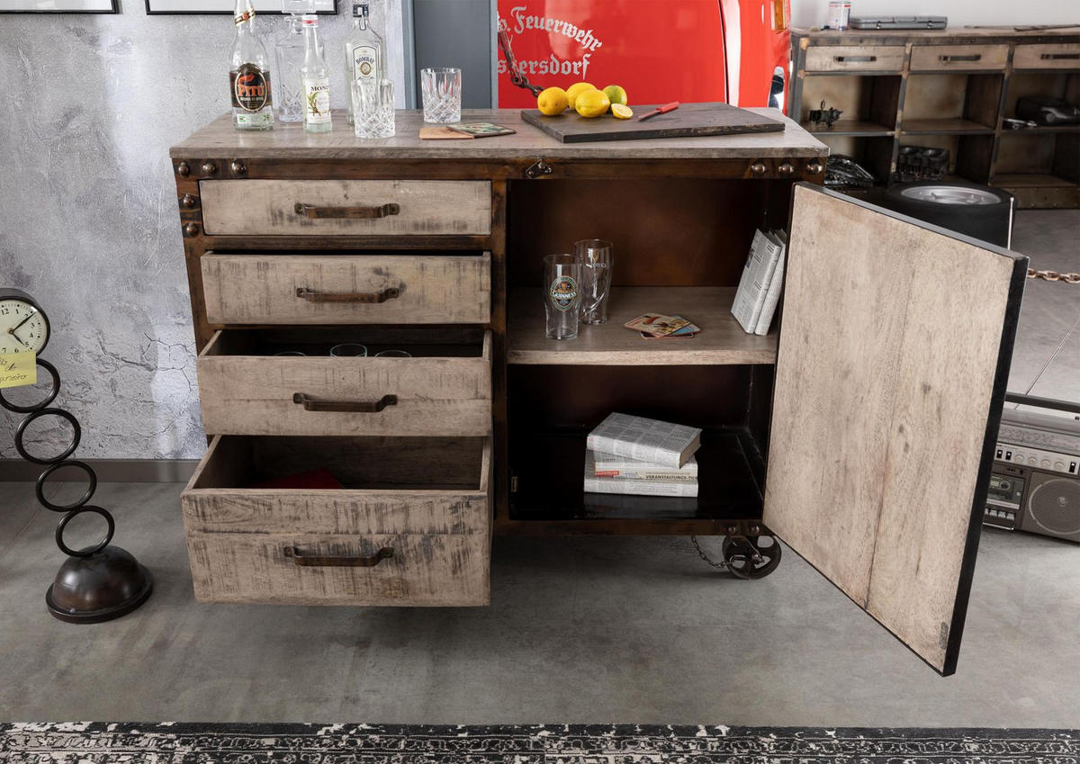 SIDEBOARD Mango 120x46x92 braun lackiert HEAVY INDUSTRY #225 - Braun, Holz (120/92/46cm) - Massivmoebel24