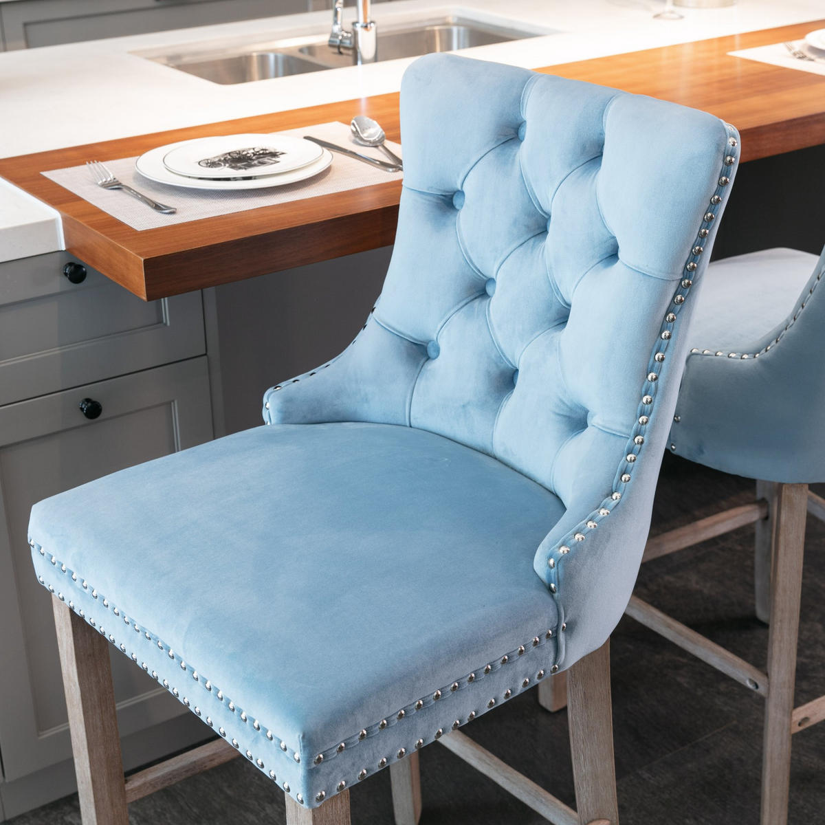 BARHOCKER Hellblau 2er-Set mit Samtbezug und Holzbeinen - Hellblau, Textil (60/103/50cm) - PANGIVO