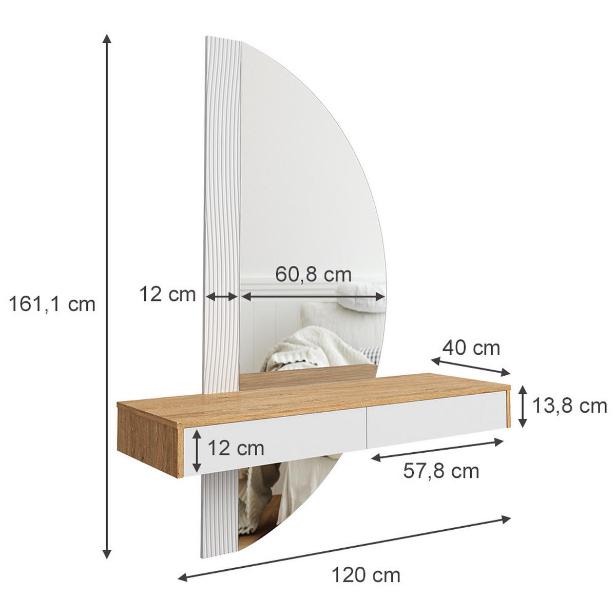 SCHMINKTISCH Melisa Weiß 120 cm mit LED Beleuchtung - Eichefarben/Weiß, Holzwerkstoff (120/161.1/40cm) - Vicco