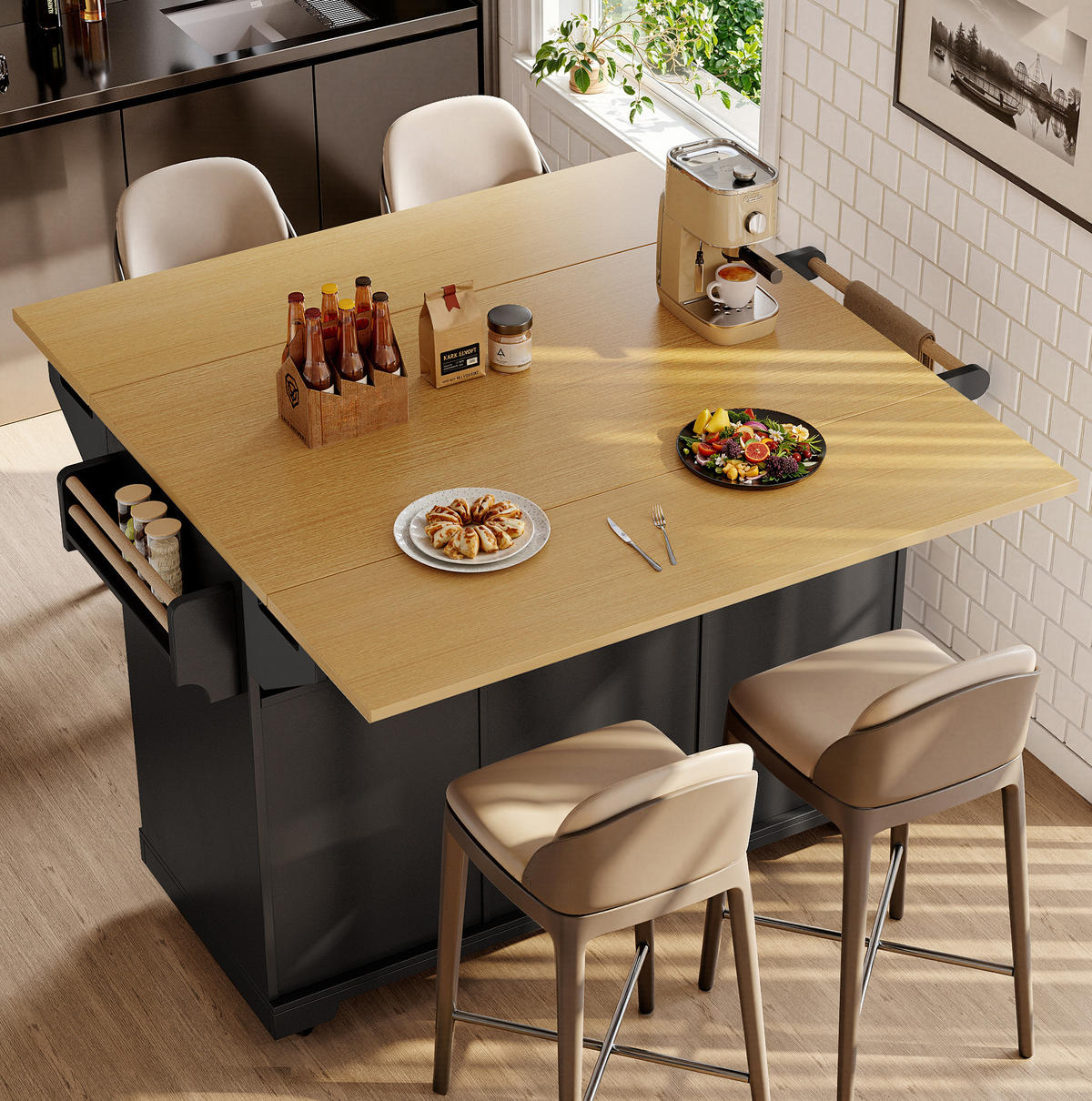 KÜCHENINSEL 120/40-80/95 cm aus MDF und Metall mit klappbarer Tischplatte Schwarz (Holzoptik) - Schwarz, Holzwerkstoff (120/95/40cm) - Modenvie