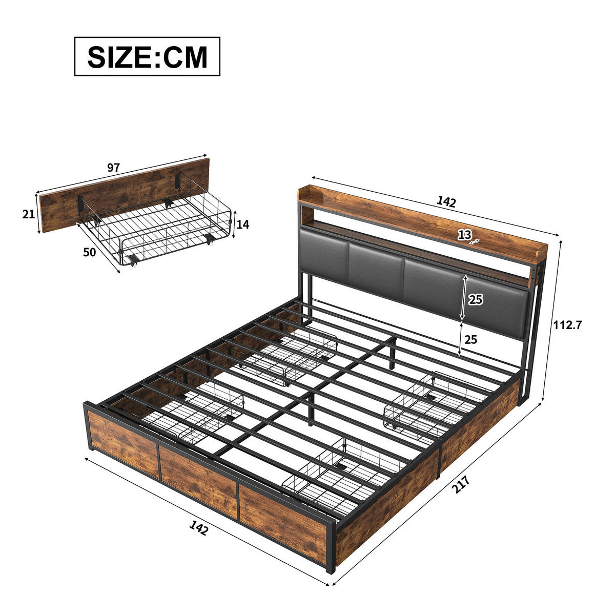 POLSTERBETT 140x200 cm mit LED-Beleuchtung und Schubladen, Bett mit Lattenrost - Schwarz, Holz/Metall (140/200cm) - PARAFTA HOME