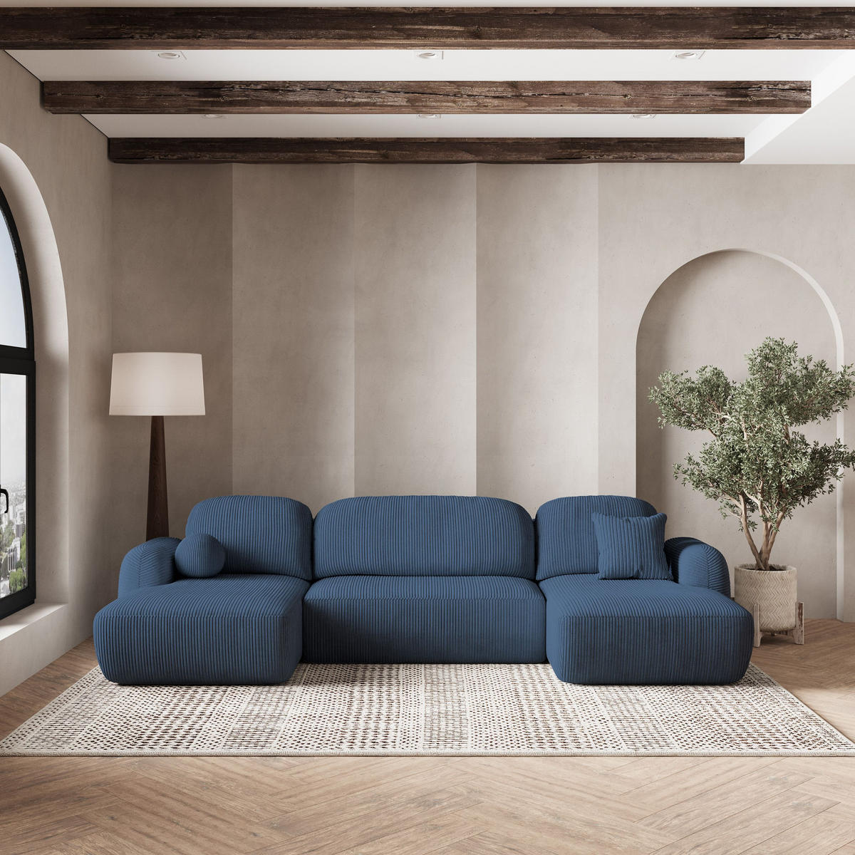 ROHOVÁ SEDAČKA SAVONA modrá - modrá/černá, dřevo/textil (320/148cm) - MASSENO