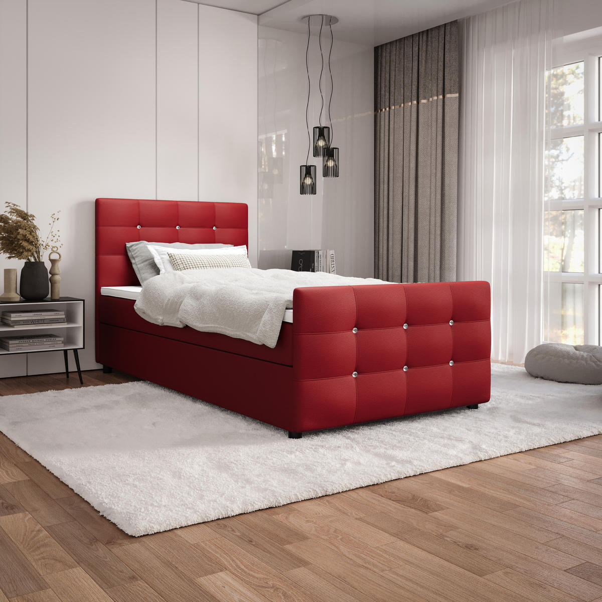 BOXBETT KLEO 100x200, mit Matratze H3 und Topper, Madryt 160 - Rot, Holz/Kunststoff (100/200cm) - Bedante
