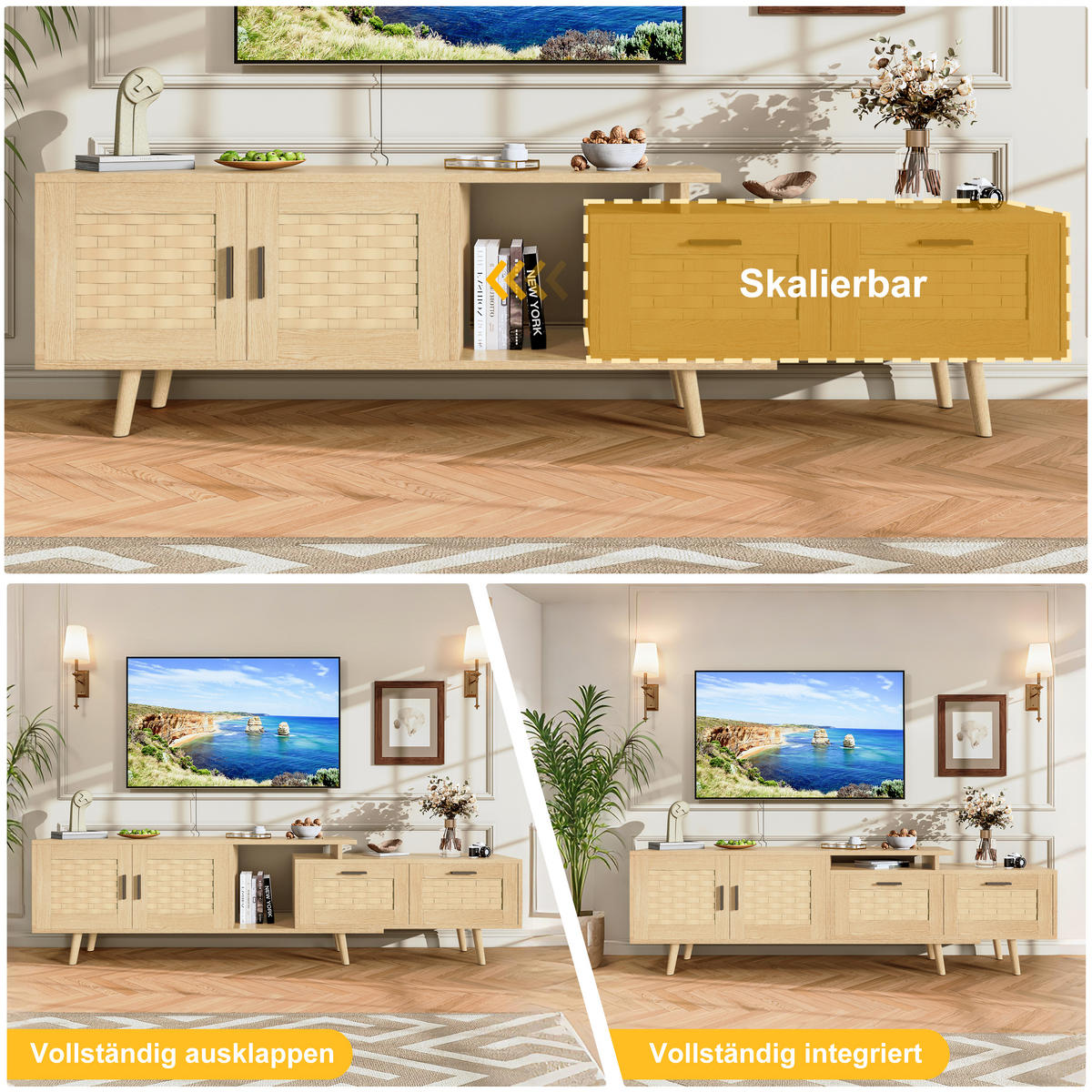 TV-SCHRANK 180x30x44 cm in Rattanoptik mit Schubladen und Türen - Naturfarben, Holz (30/44/180cm) - PARAFTA HOME