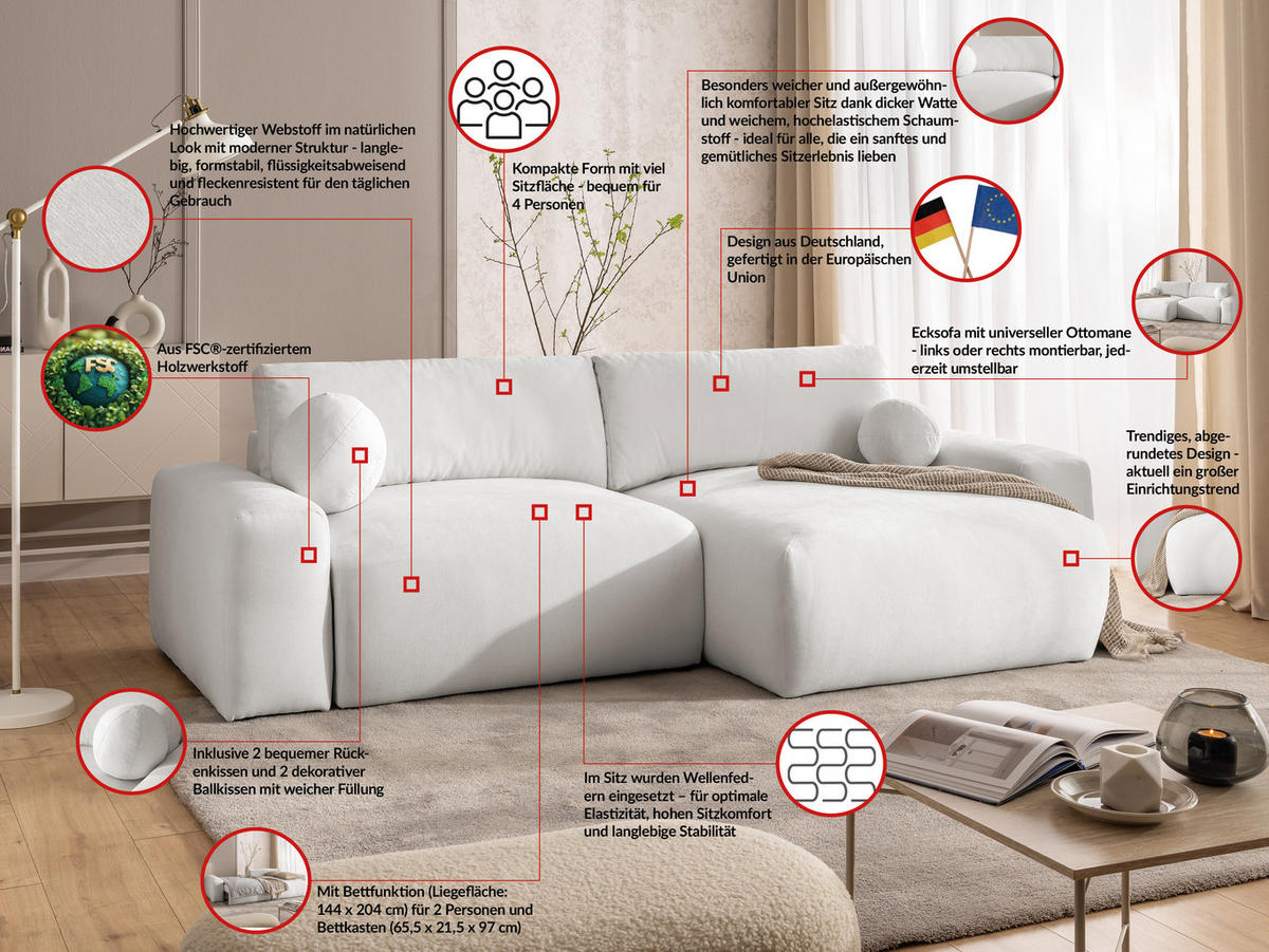 ECKSOFA Puffy mit Schlaffunktion und Bettkasten - besonders weich und puffig aus Creme Webstoff - Ottomane rechts - Creme/Schwarz, Holz/Kunststoff (266/138cm) - S-Style Möbel