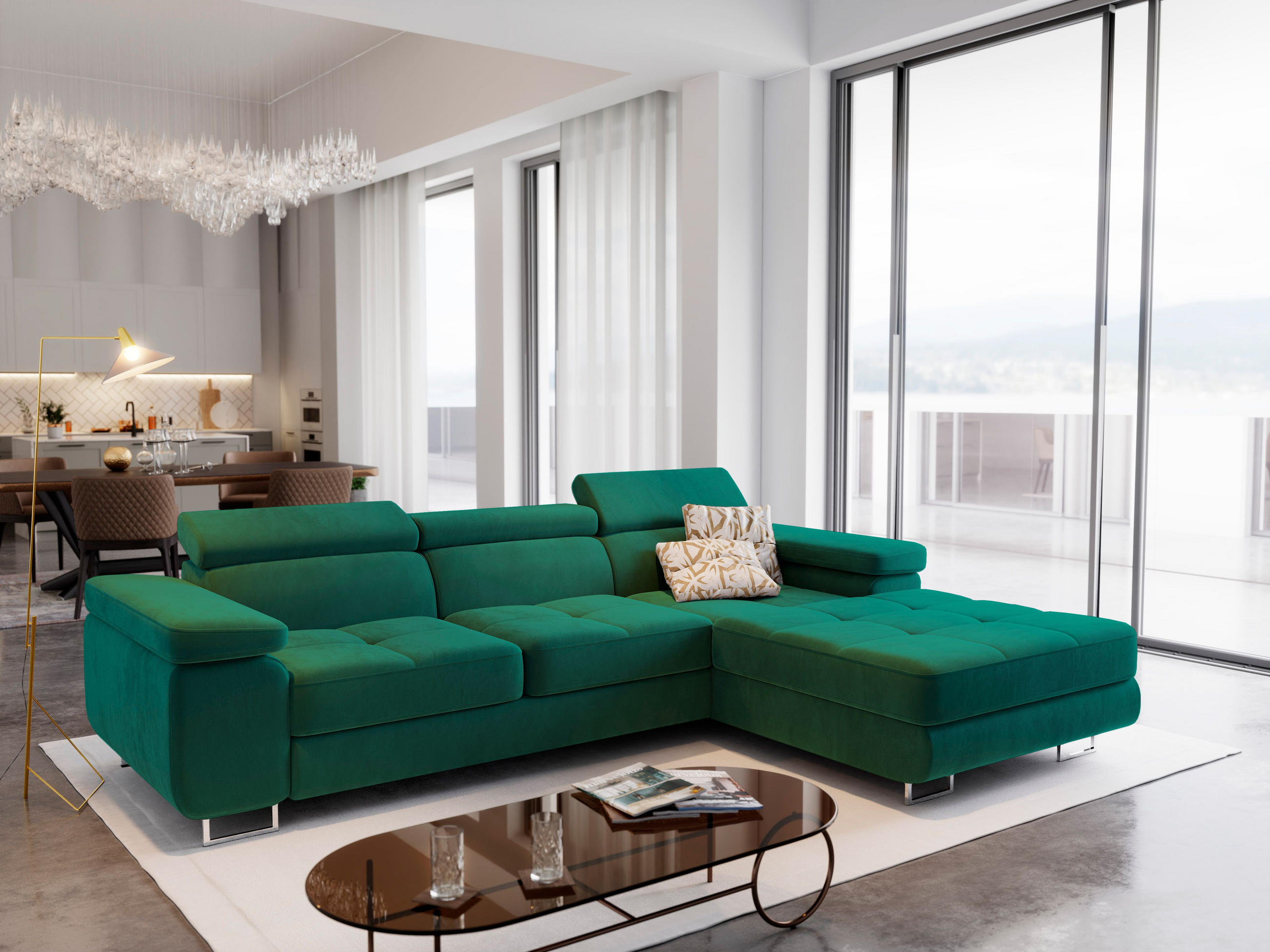 ECKSOFA ELMA R-S Grün Velours-Stoff mit Schlaffunktion - Grün, Holz (280/205cm) - MASSENO