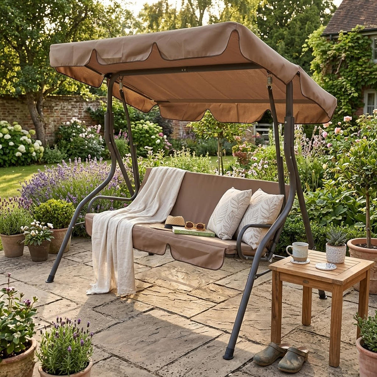 HOLLYWOODSCHAUKEL Florenz, 3-Sitzer, 170 cm, Farbe: creme / grau - Braun, Metall (170/153/110cm) - TPFGarden
