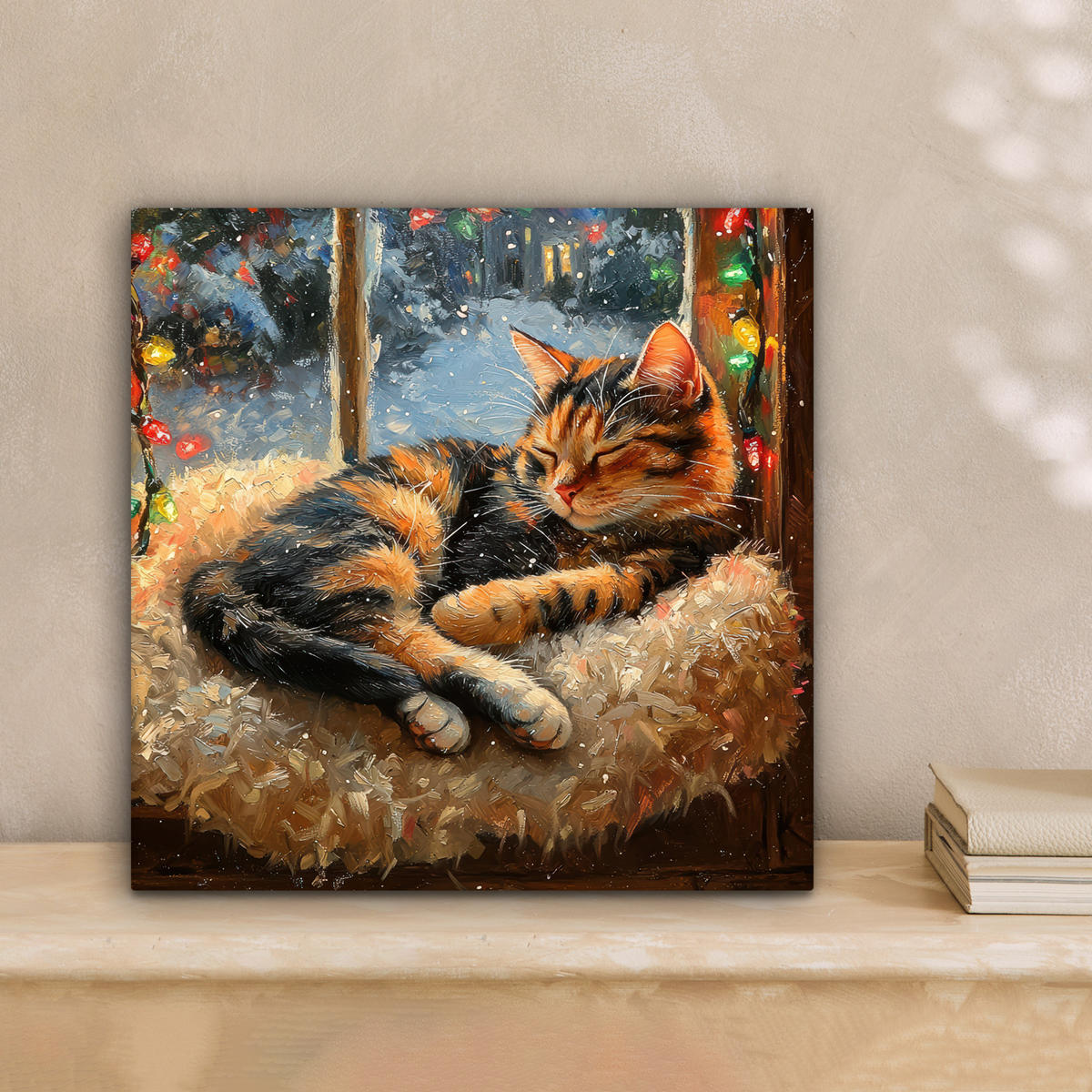 LEINWANDBILD Katze - Weihnachten - Winter - Tier Deko Wohnzimmer 20x20 cm - Bernsteinfarben, Textil (20/20cm) - MuchoWow