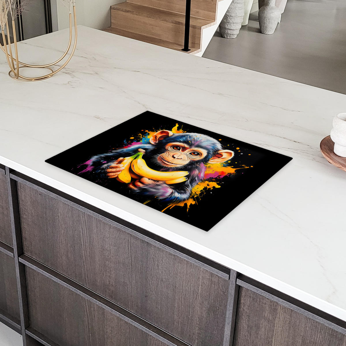 HERDABDECKPLATTE Affe - Graffiti - Farbenfroh - Bananen - Modern Herdabdeckung Induktionsfeld 70x52 cm - Gelb, Kunststoff (70/52/0.2cm) - MuchoWow