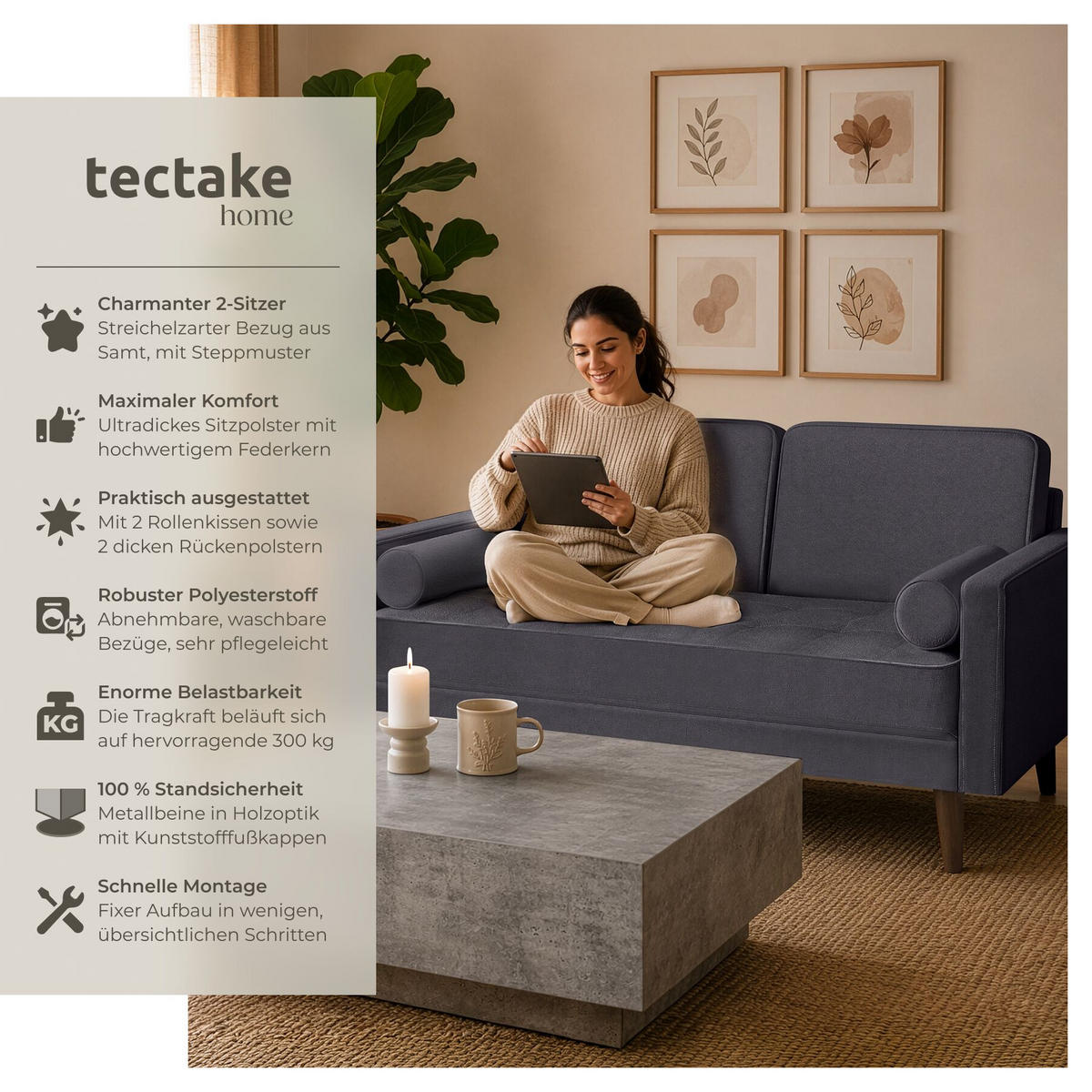 SOFA Skagen, 135 x 76 x 85 cm, Samtoptik grau - Braun/Grau, Kunststoff/Textil (135/85/76cm) - tectake