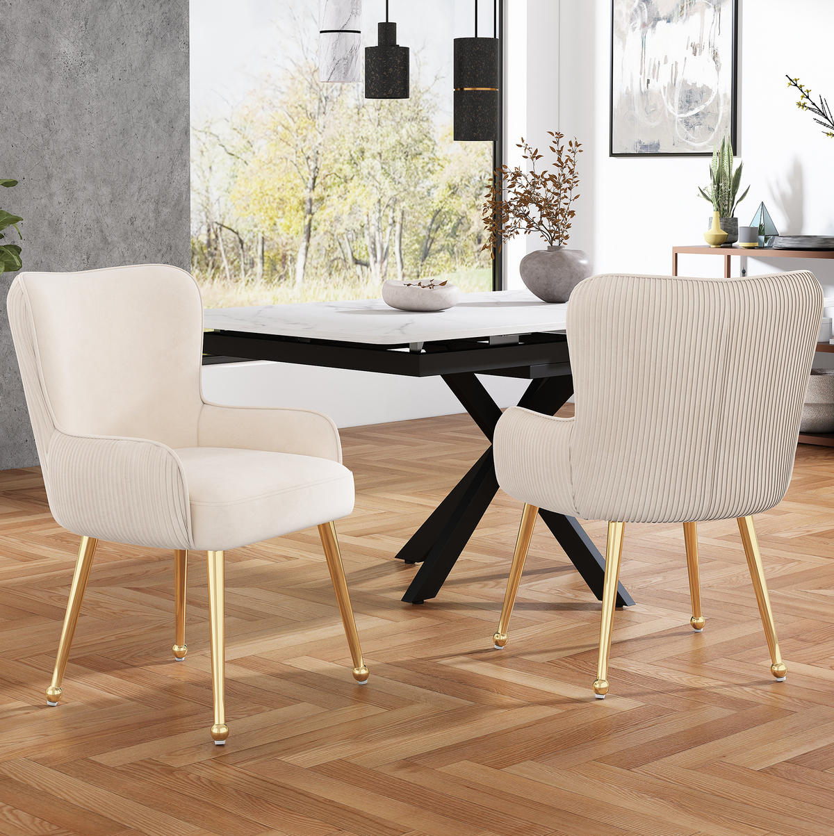 ESSZIMMERSTUHL 2er-Set mit Armlehnen Samt Beige/Gold - Beige, Metall (47.5/83/57cm) - Meubliv