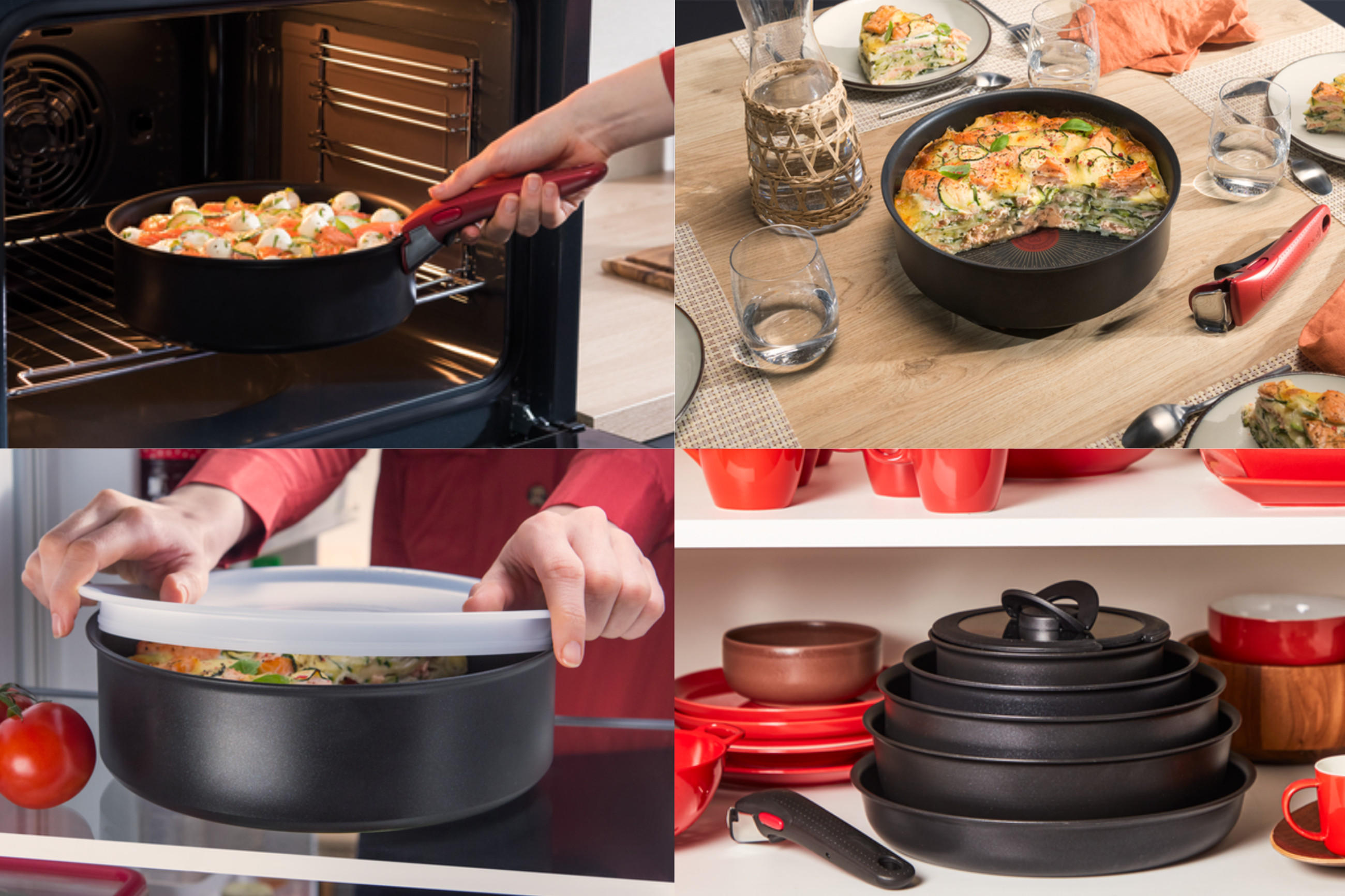 Vier Bilder von verschiedenen Gerichten, die in TEFAL Töpfen gekocht werden, zeigen eine Vielfalt an Kochtechniken und Zutaten.