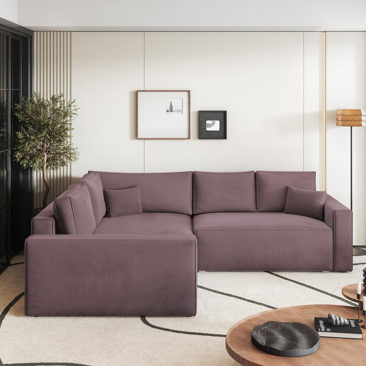 ECKSOFA ERONIS L-S Lila Velours-Stoff mit Schlaffunktion - Lila, Holz (265/194cm) - MASSENO