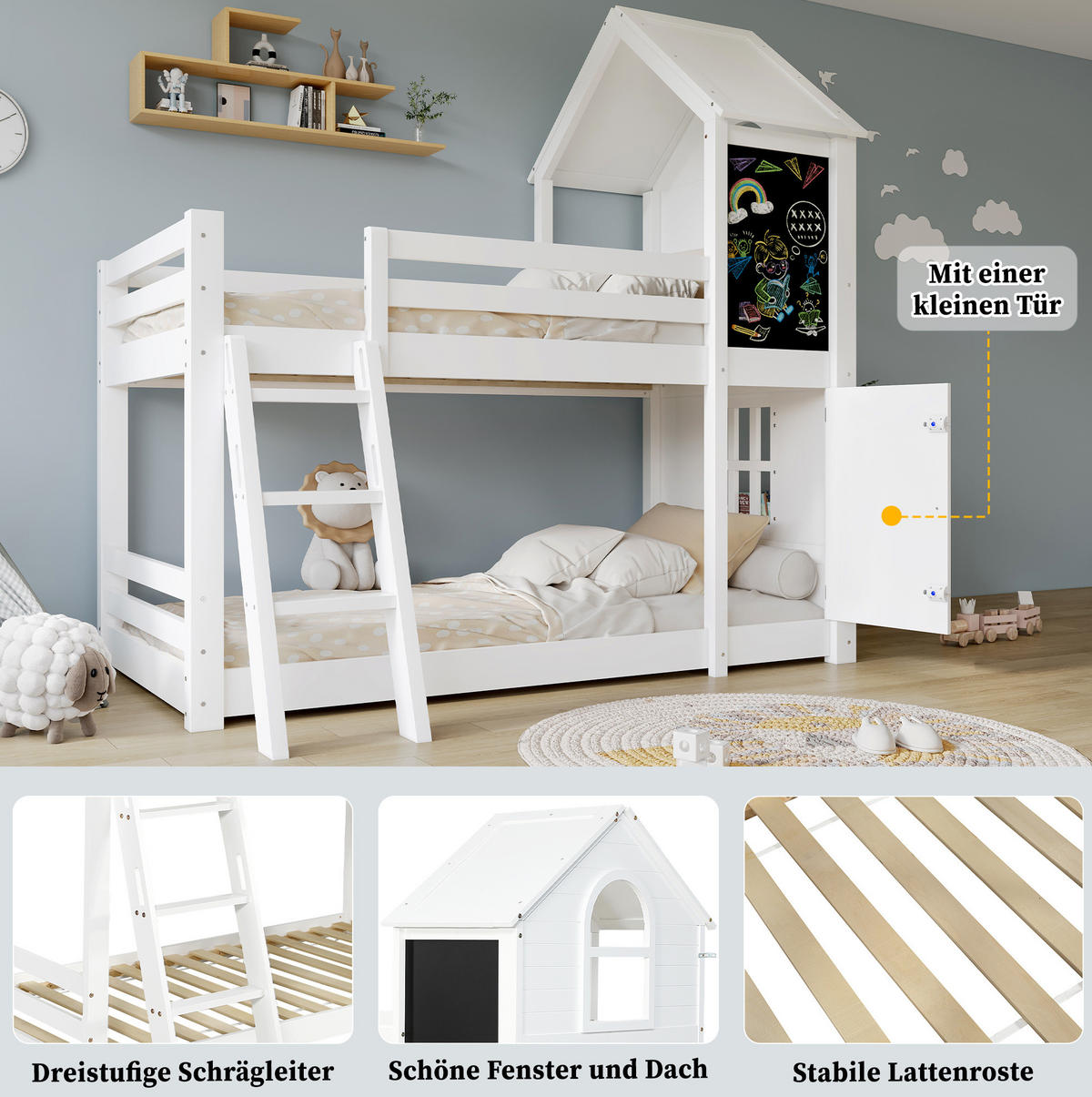 ETAGENBETT 90/200 cm mit Tafel, kleiner Tür, Dach und Schrägleiter aus Kiefernholz und MDF, Weiß - Weiß, Holzwerkstoff (90/200cm) - Redom