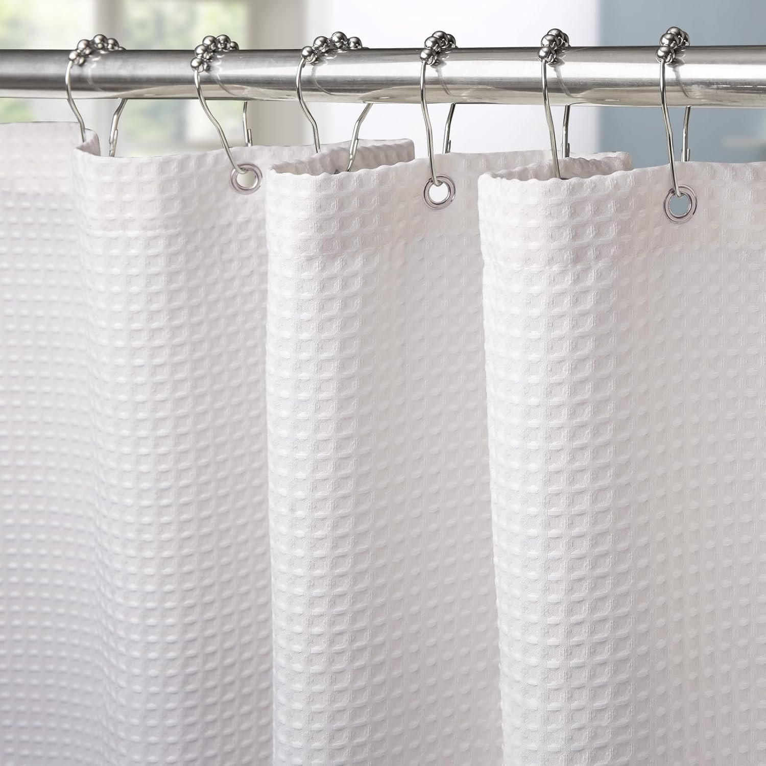 DUSCHVORHANG Weiß Waffelstruktur Polyester wasserdicht schimmelresistent mit Ringen - Weiß, Textil (182/152cm) - MCBOSON