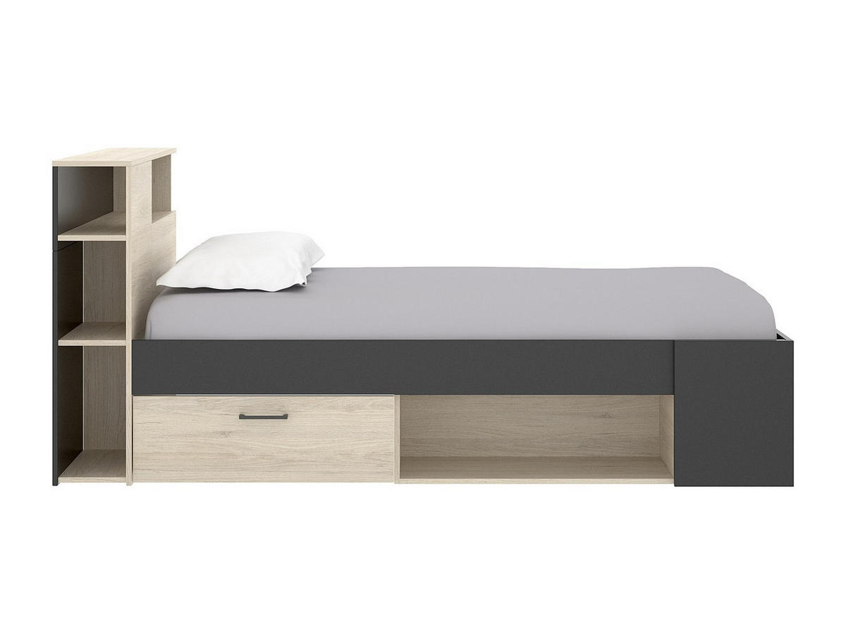 BETT mit Kopfteil, Stauraum & Schubladen - 120 x 190 cm - Holzfarben & Anthrazit - LEANDRE - Anthrazit, Holz (129.6/217.3cm) - Vente-Unique