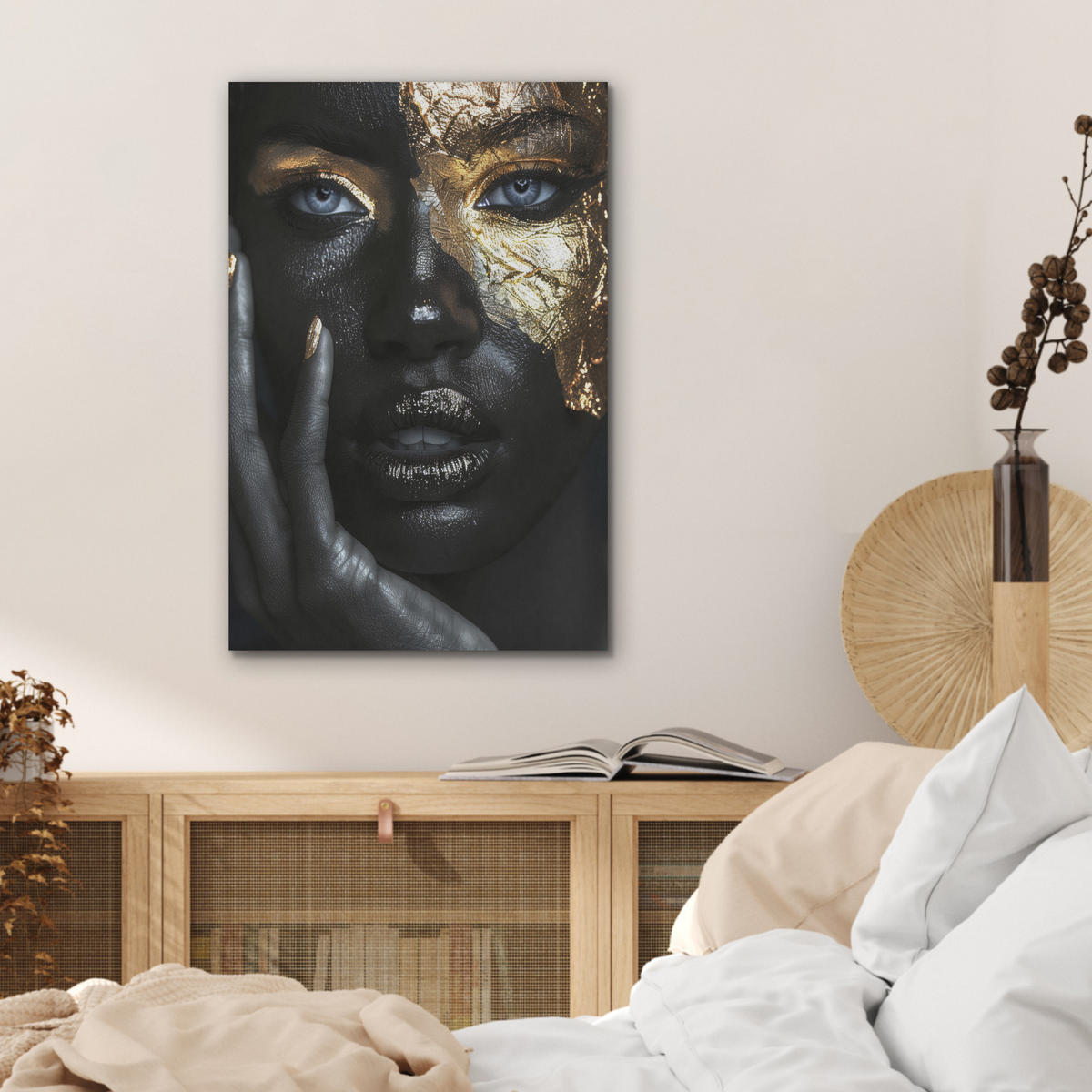 AKUSTIKBILD Frau - Gold - Porträt - Schwarz-Weiß - Luxus Kunstdruck Schlafzimmer 50x70 cm - Hellblau, Kunststoff (50/70/0.9cm) - MuchoWow