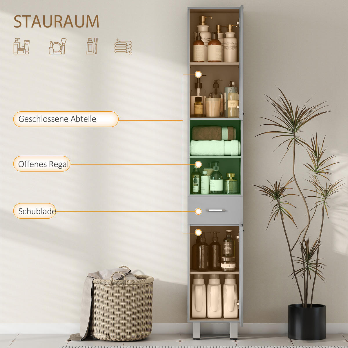 BADEZIMMERSCHRANK Spanplatte Grau - Alufarben/Grau, Holzwerkstoff/Kunststoff (30/180/30cm) - Kleankin