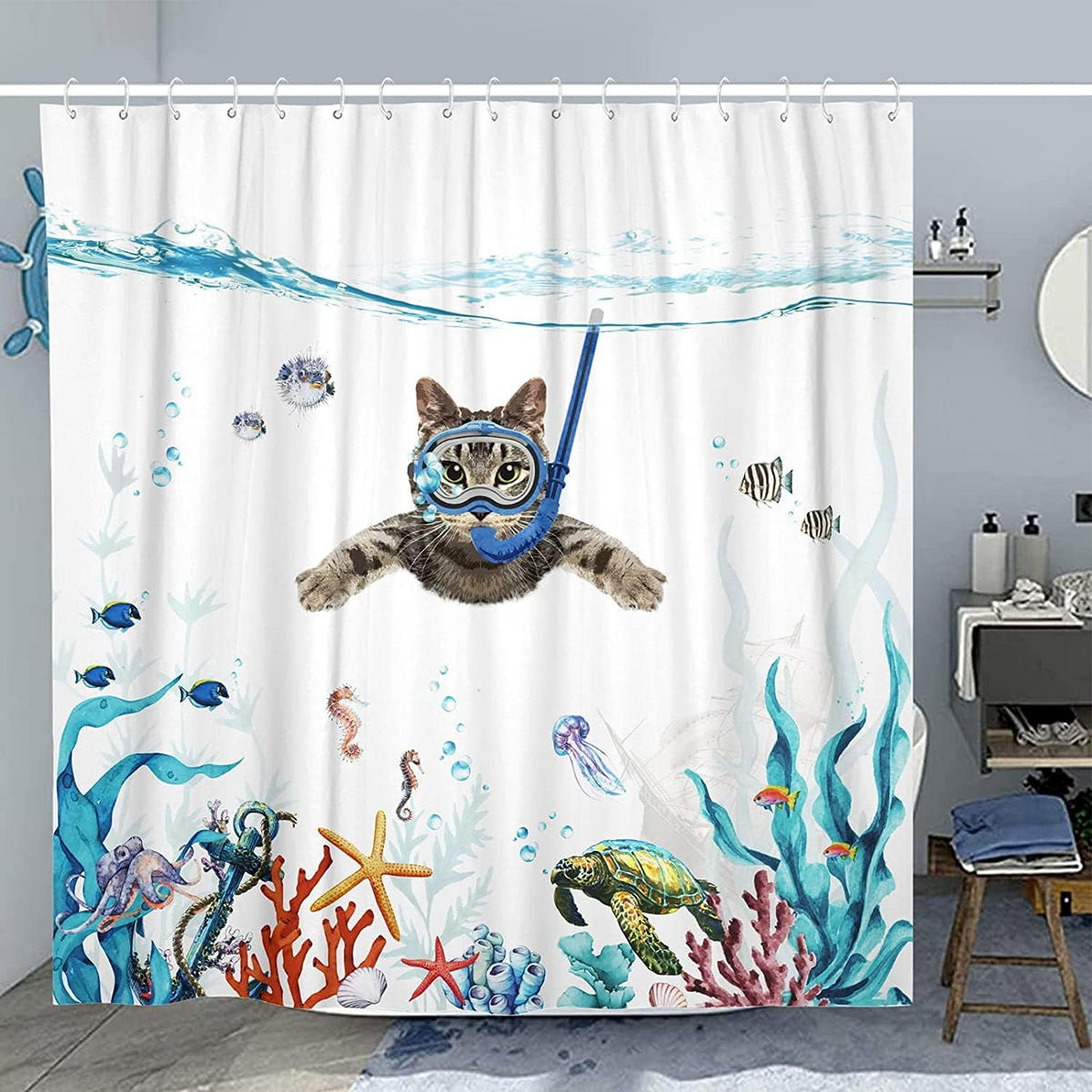 DUSCHVORHANG Katze Ozean bedruckt Polyester schnell trocknend wasserdicht waschbar - Weiß, Textil (180/180cm) - MCBOSON